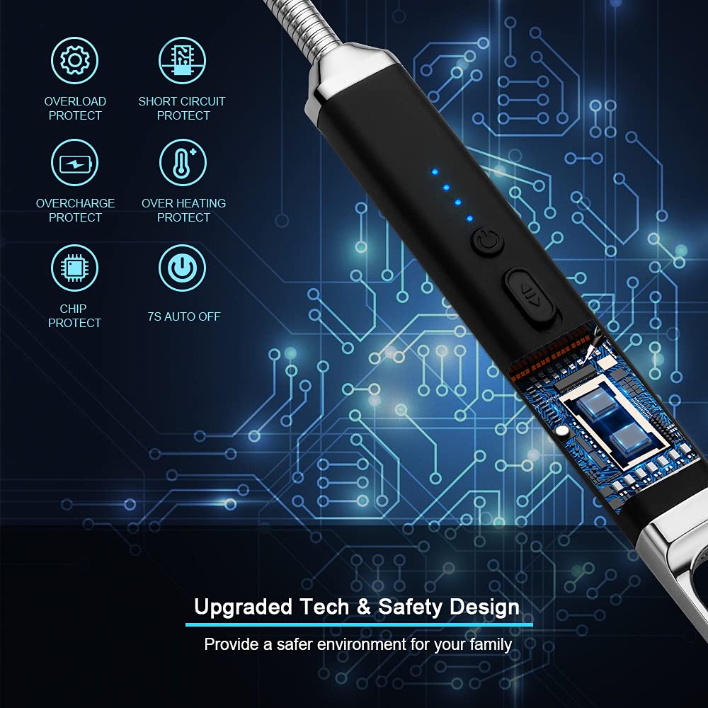 SUPRUS Rechargeable USB Arc Lighter with Safety Switch - 360° Flexible Neck, Flameless Electric Lighter for Candles, Camping, Cooking & Outdoor Use (Black + Champagne Gold) - Perfect for Home, Travel, and Emergency Kits