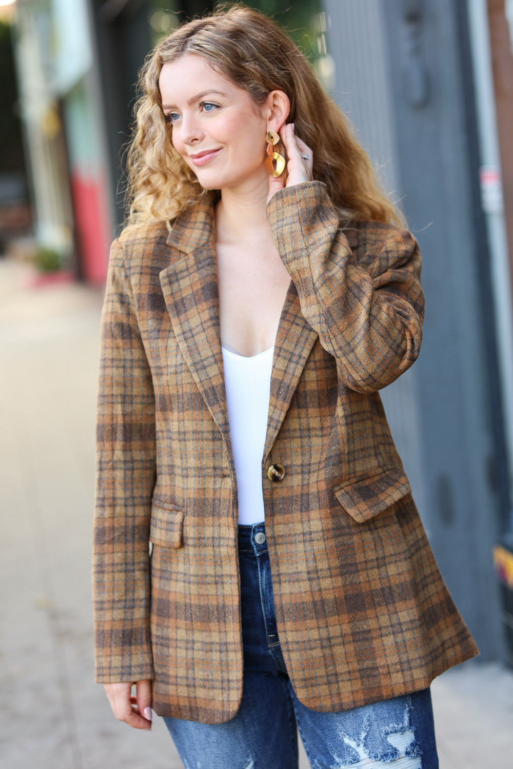 Make It Happen Spice Plaid Tailored Collar Lapel Blazer for Women - Stylish Office Wear & Business Casual Outfits