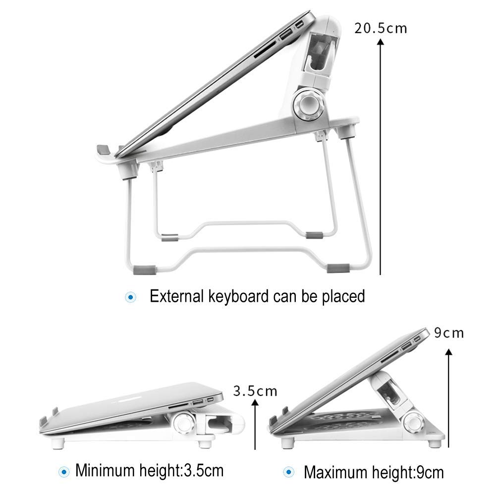 Lightweight Ventilated Laptop Stand with Adjustable Phone Holder - Foldable & Portable Riser for 13-17 Inch Notebooks - Ergonomic Computer Desk Stand for Home Office, Gaming & Work (White)