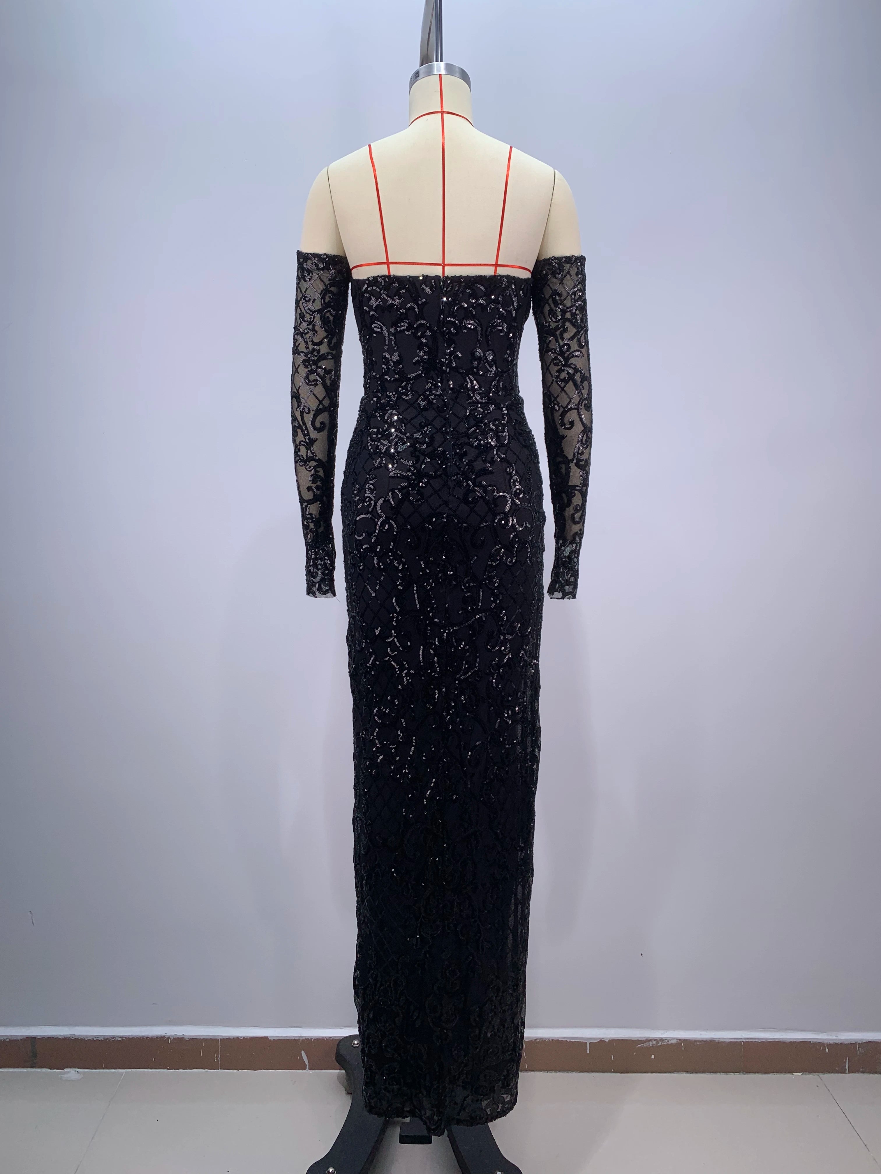 2024 New Black Sequin High Slit Bodycon Long Dress with Gloves for Women - Sexy Evening Party Prom Gown for Celebrations & Special Occasions