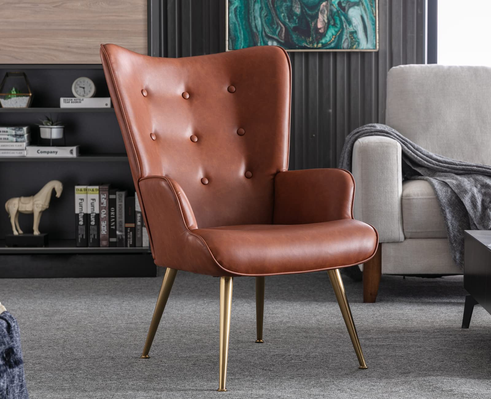 Modern Tufted Leather Accent Chair with Golden Metal Legs - PU Retro Brown Wingback Armchair for Living Room, Bedroom & Office | Comfortable Reading Chair & Lounge Seating for Home Decor