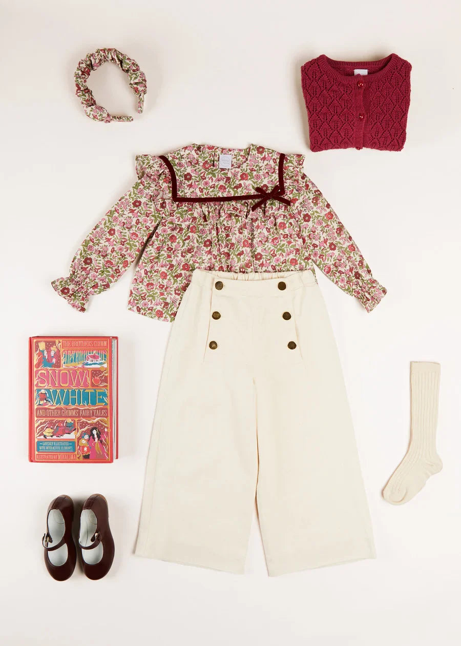 Stylish Beige Wide Leg Pants & Floral Daphne Blouse Set for Girls - Perfect for School, Parties & Family Photos