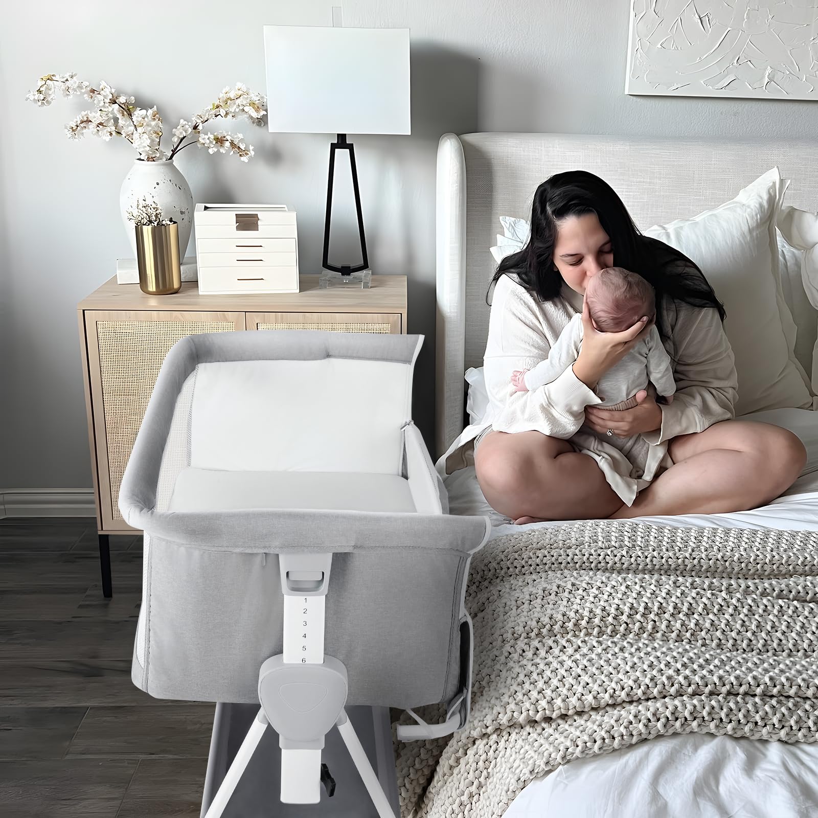 Cowiewie Adjustable Baby Bassinet Bedside Sleeper - 7 Height Levels, Breathable Mesh Sides & Mattress, XL Storage, Foldable Design (Grey/White) - Perfect for Newborns, Nursery Room & Co-Sleeping Safety