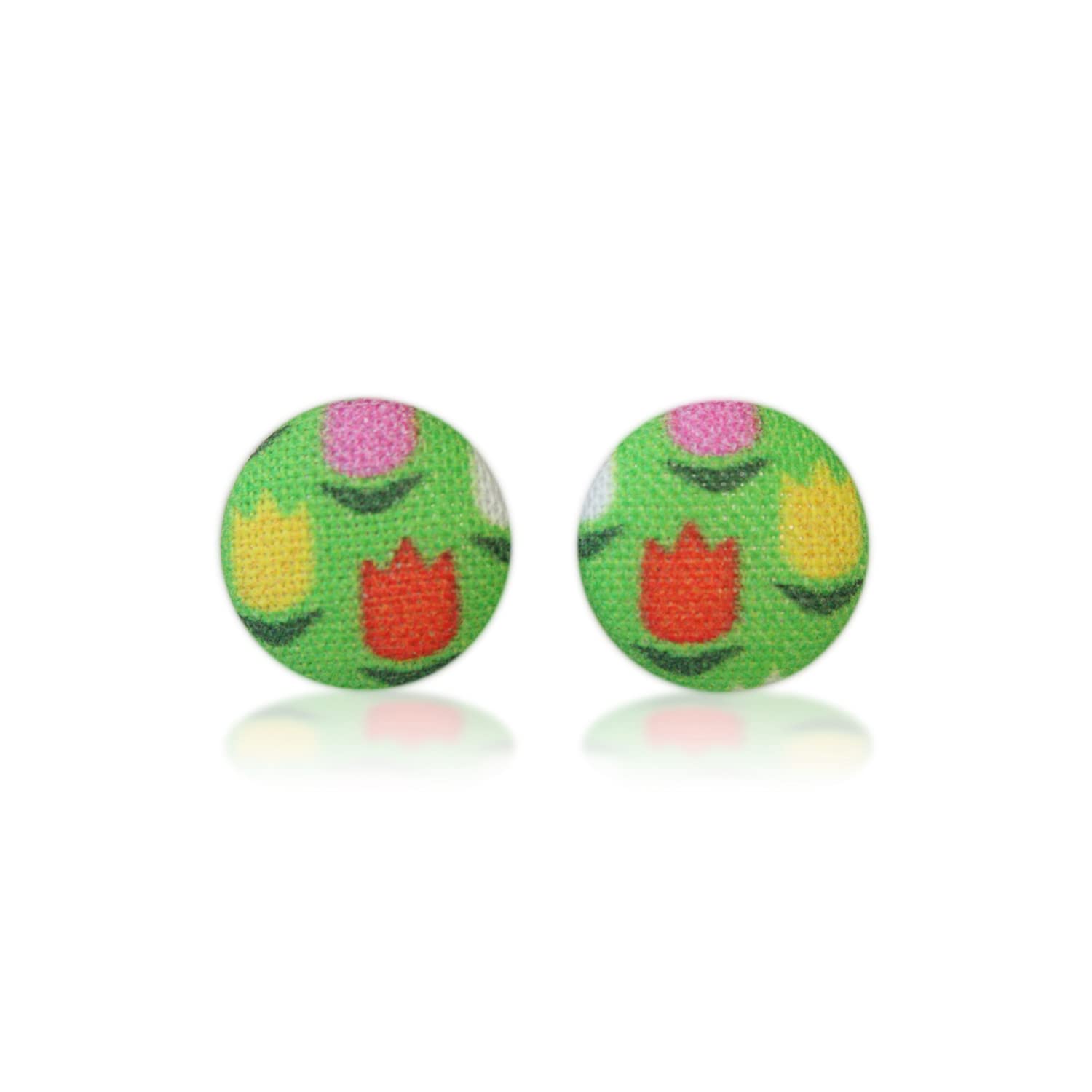 Tulips Fabric Button Earrings for Women - Floral Handmade Boho Earrings - Lightweight Comfortable Dangle Earrings for Spring, Summer, Wedding, Party & Everyday Wear