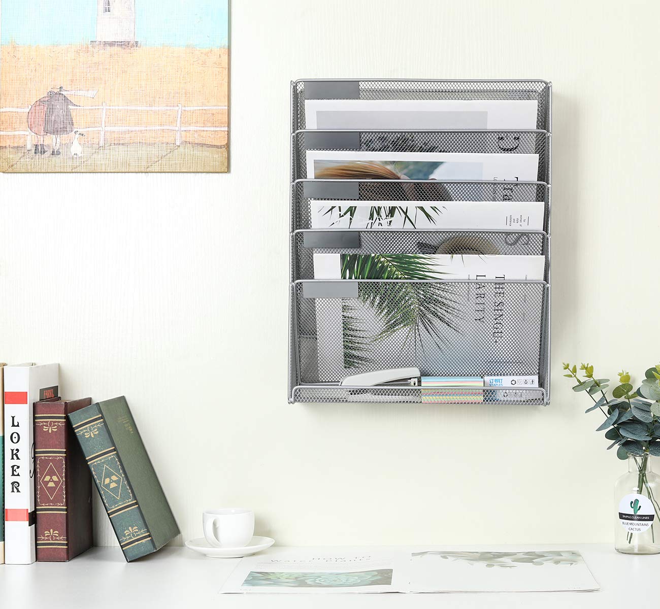 EasyPAG 5-Tier Wall Mounted Mesh File Organizer - Vertical Mail & Document Holder for Office Desk, Cubicle or Home - Space Saving Storage Solution (Silver) - Perfect for Organizing Bills, Letters and Office Supplies