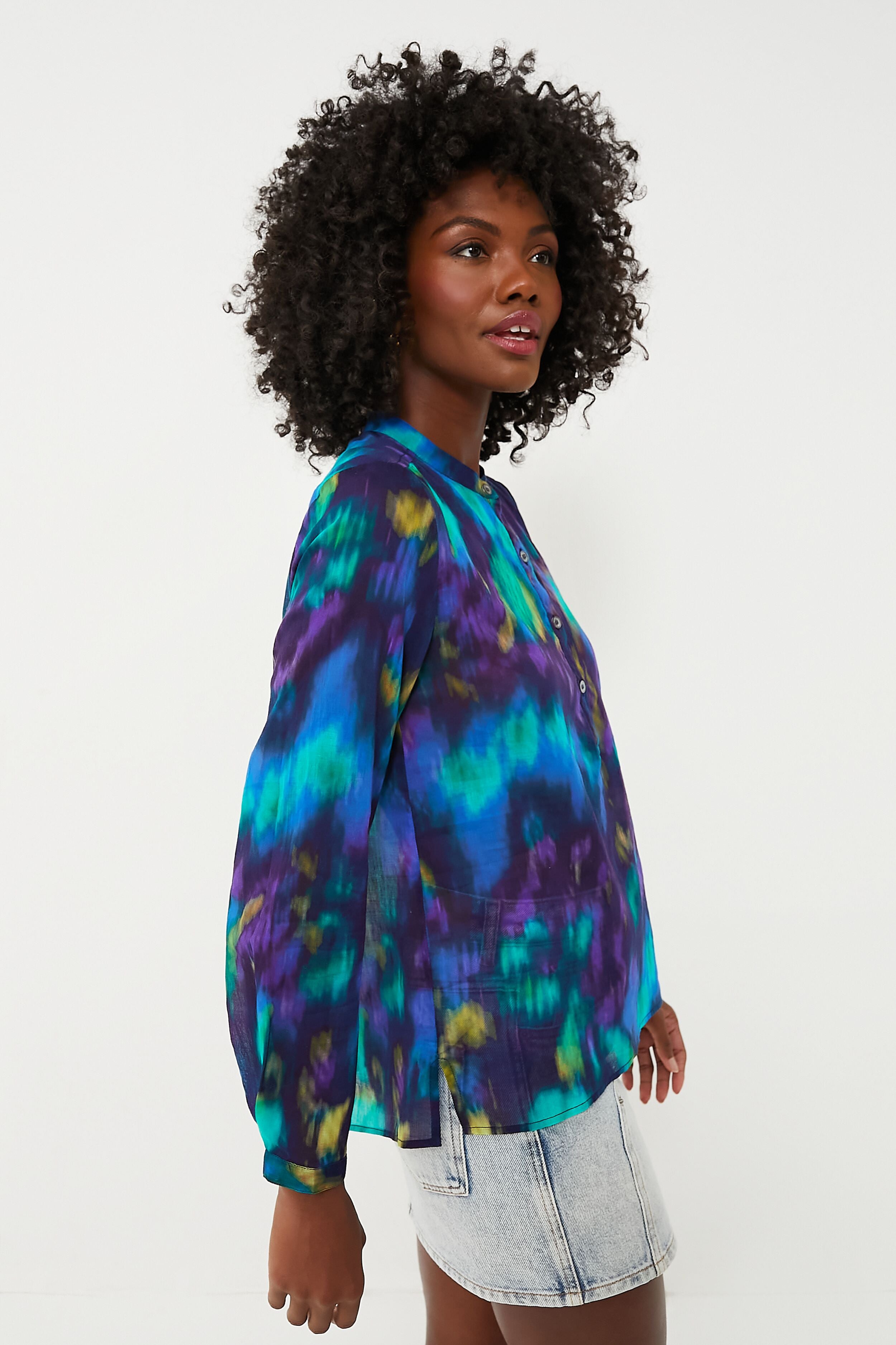 Blue Green Maria Watercolor Blouse - Elegant Flowy Women's Top for Casual Wear, Office & Date Night Outfits