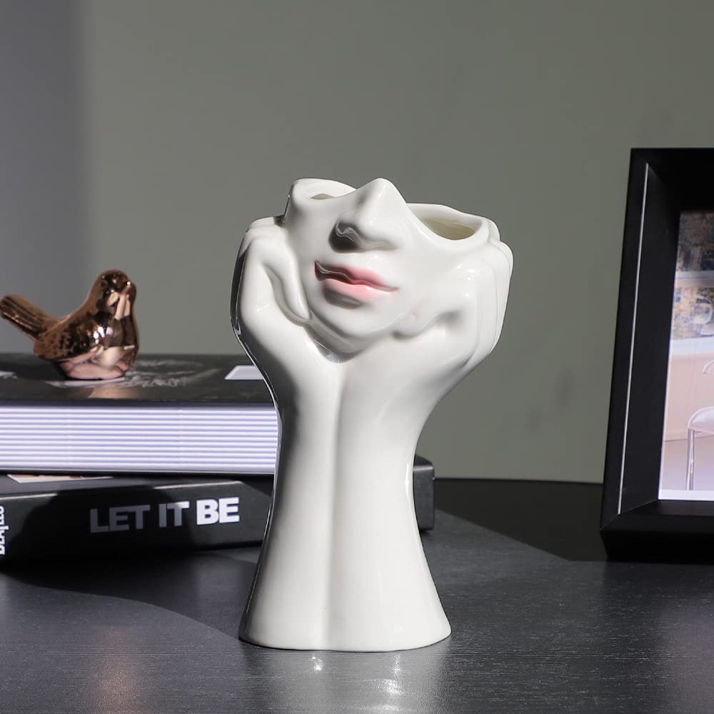 DUDNJC Ceramic Face Vase Head Planter Pot - Modern Nordic Style Flower Planter, Makeup Brush Holder & Home Decor Sculpture for Living Room, Bedroom, Office (B Lipstick Design)