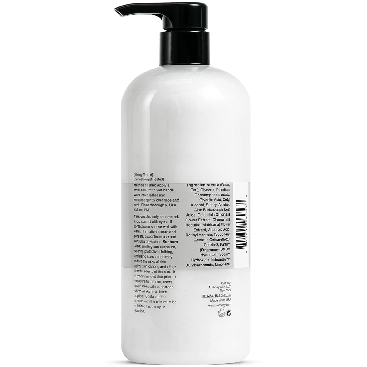 Anthony Glycolic Facial Cleanser for Men - 32 Fl Oz Exfoliating Face Wash with Witch Hazel Toner | Gentle Cleansing for Acne-Prone Skin | Daily Skincare Routine for Men