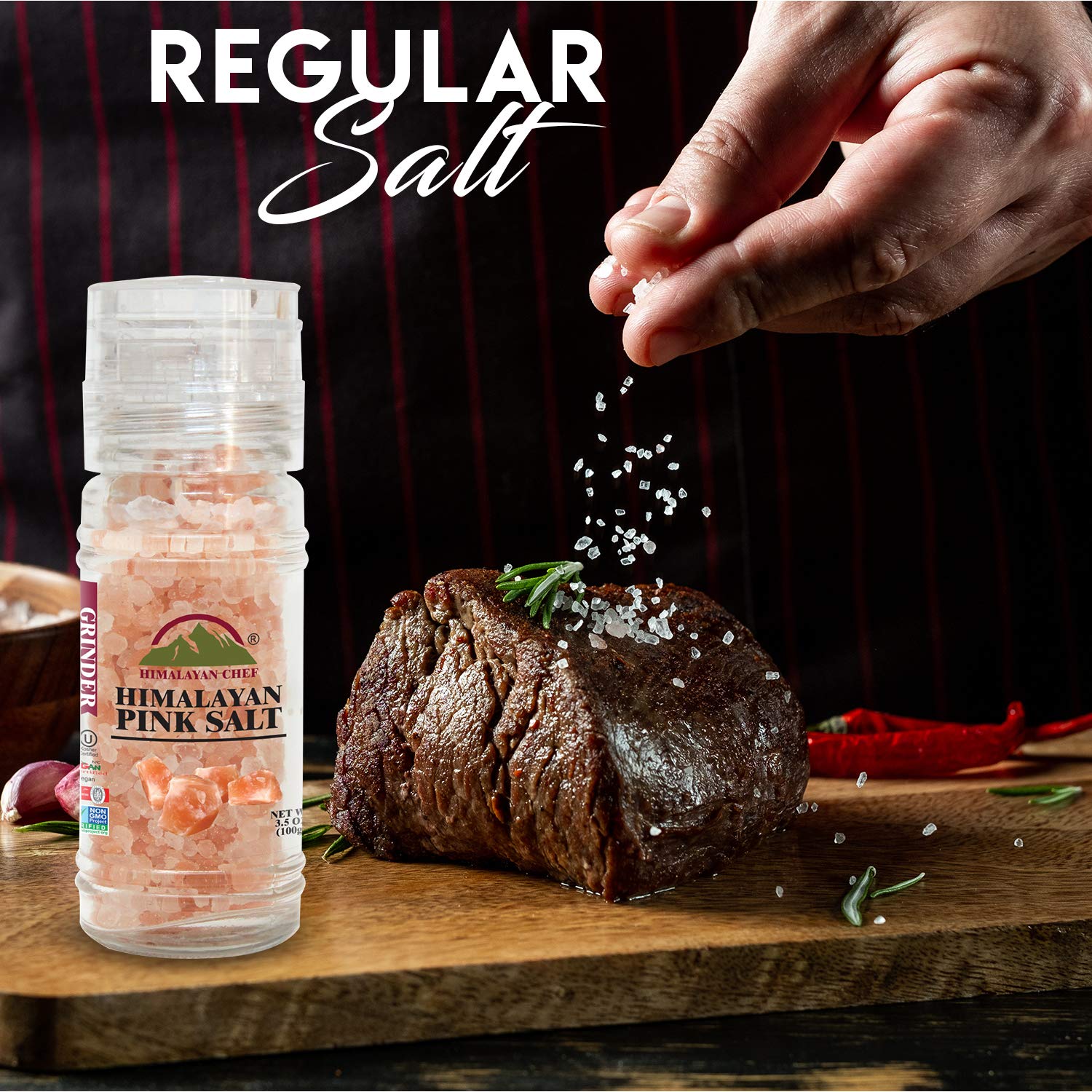 Premium Himalayan Pink Salt & Black Pepper Grinder Set - Refillable Glass Bottle, Easy-to-Use & Vegan Kosher Certified | Perfect for Cooking, Seasoning & Tabletop Use | Set of 2