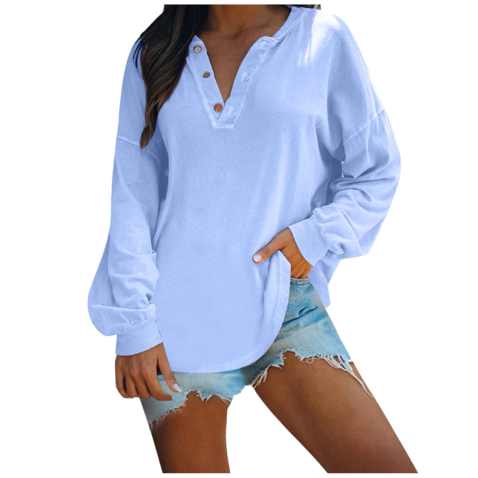 Women's Button-Up Long Sleeve V-Neck T-Shirt Pullover Top - Casual & Work Wear for Everyday Comfort