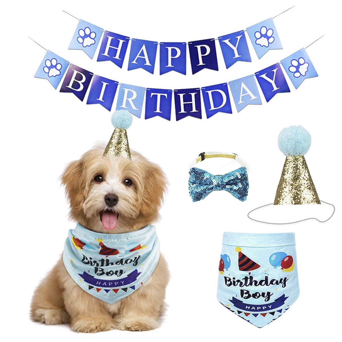 Ylucky Happy Birthday Bandana for Dogs - Cute Pet Bandana with Hat, Scarf, Bowtie & Flag for Puppy & Cat Birthday Party Decorations | Perfect for Dog Birthday Photos, Pet Celebrations & Party Supplies