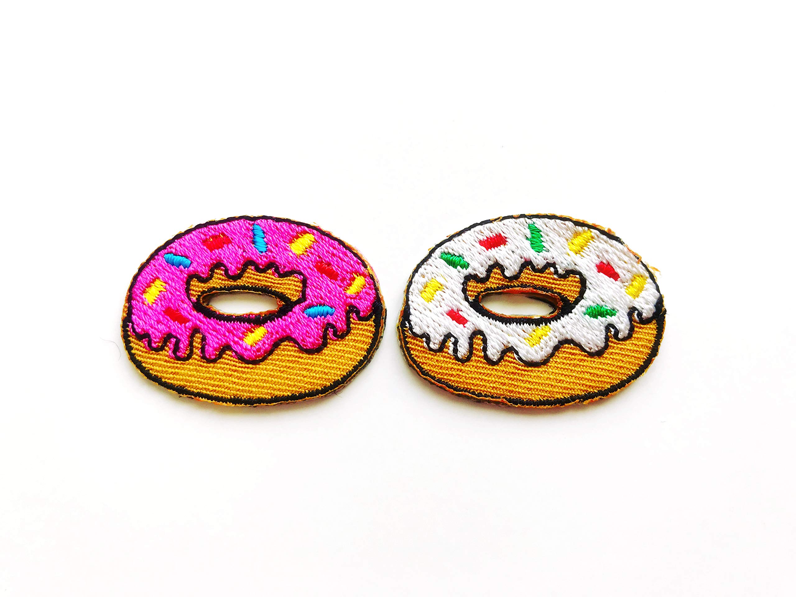 Set of 2 Mini White Chocolate Strawberry Donut Iron-On Patches - Embroidered Applique for Clothing & Costumes - Perfect for DIY Crafts, Jacket Decor, and Kids' Costume Accessories