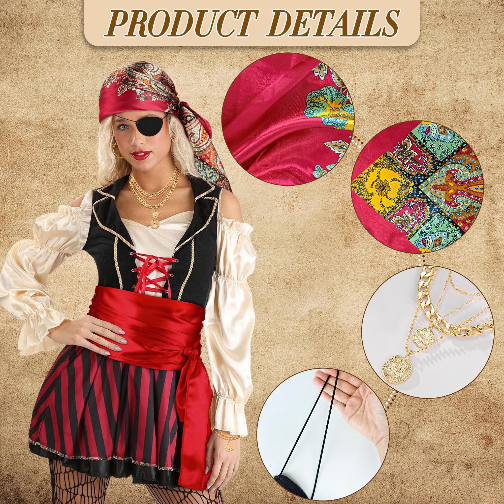 Women's Pirate Costume Accessories Set - 6PCS Captain Pirate Bandana, Head Scarf, Sash & Necklace for Halloween, Cosplay & Themed Parties