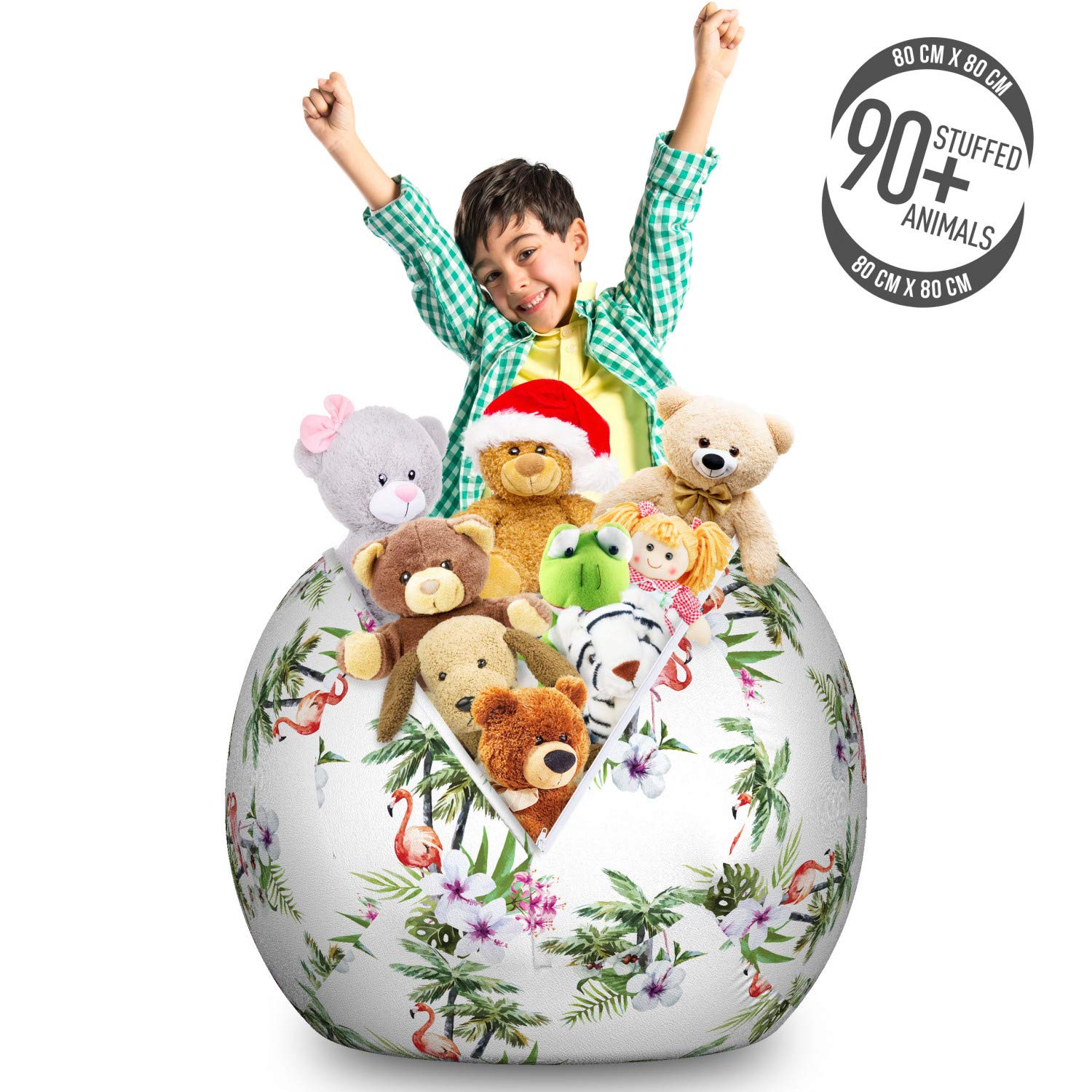 Ambesonne Flamingo Toy Storage Bag Chair - Large Washable Stuffed Animal Organizer with Watercolor Exotic Birds, Tree Leaves, Orchid & Hibiscus Design | Perfect for Kids' Room, Playroom & Nursery Organization