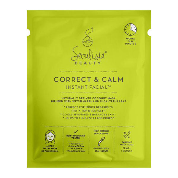 Seoulista Correct & Calm Instant Facial Sheet Mask - Korean Skincare for Hydration & Brightening - Perfect for Daily Use, Spa Nights & Travel