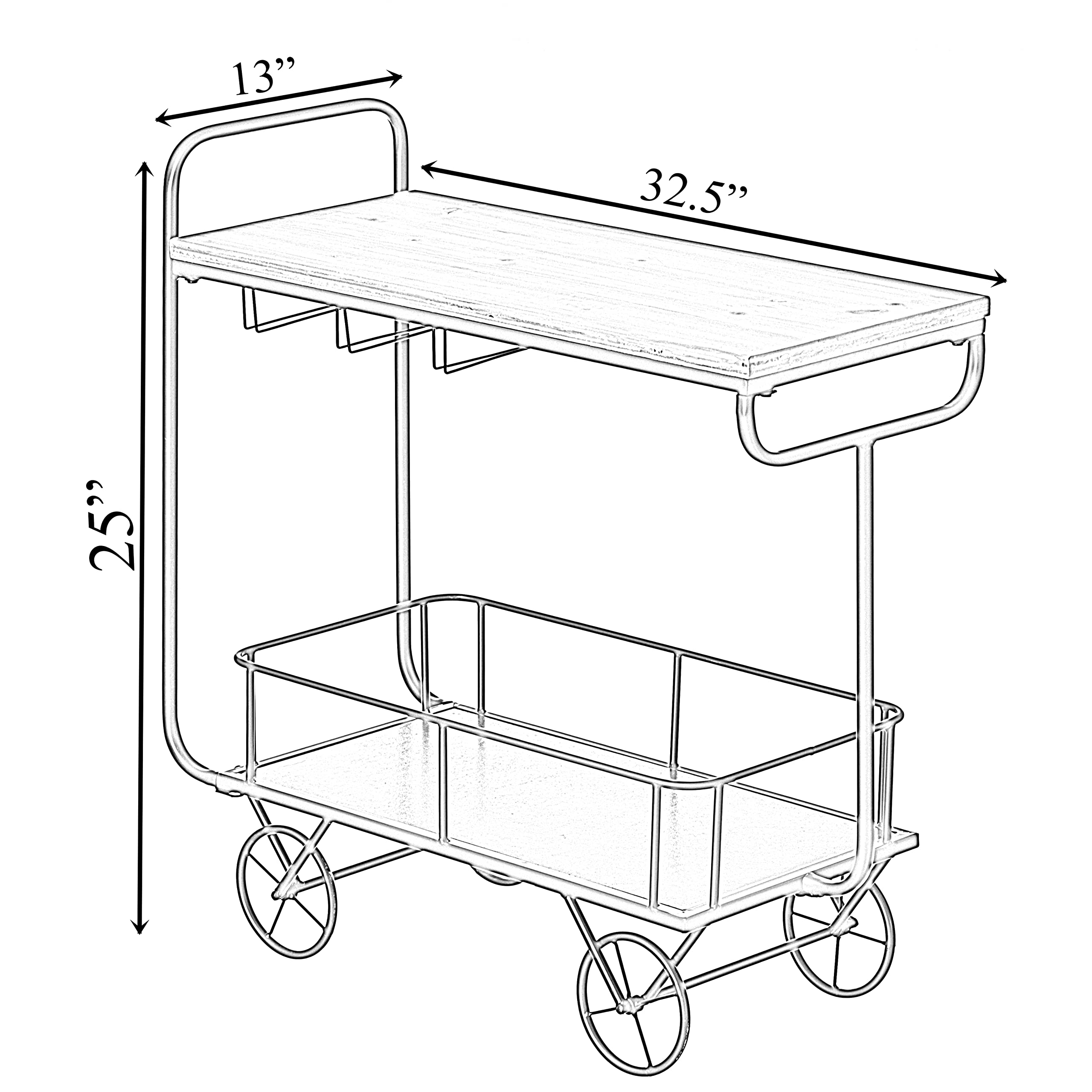 Vintage Metal Wine Bar Serving Cart with Rolling Wheels, Glass Holder & Wine Rack - Perfect for Home Bar, Kitchen, Dining Room & Outdoor Entertaining
