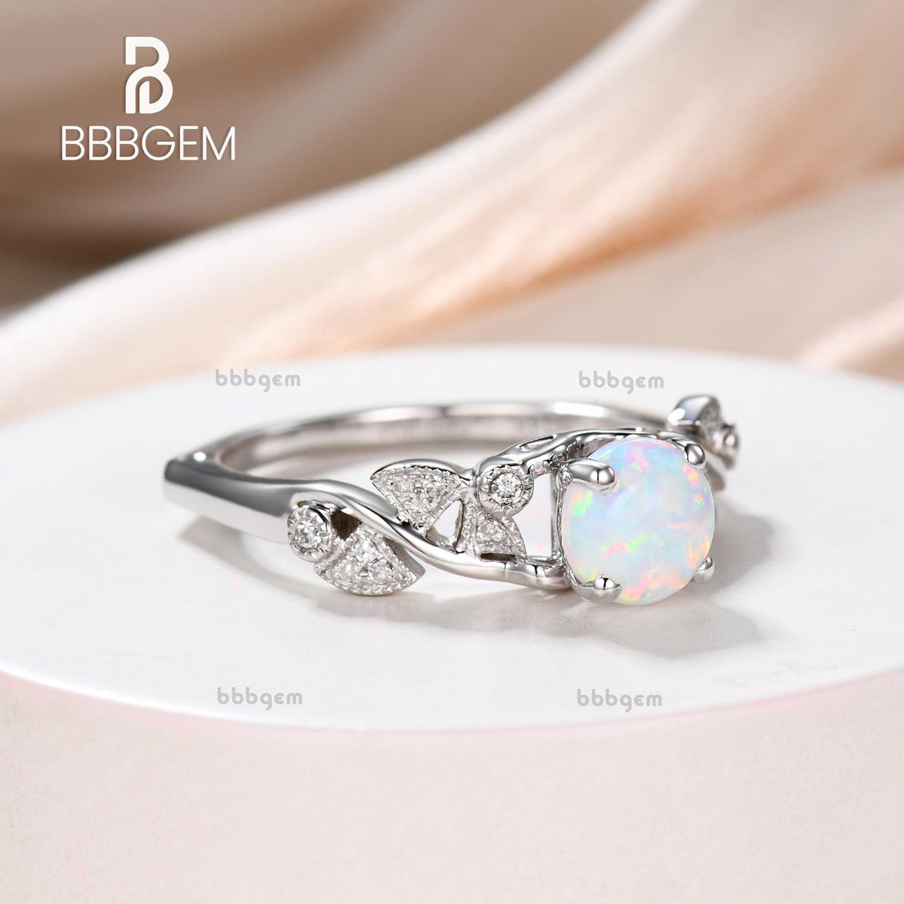 14K & 18K Rose Gold Opal Engagement Ring - Round Cut Art Deco Wedding Band with Milgrain Detailing - Vintage Style Anniversary Gift Set for Women - Perfect for Proposals, Weddings & Special Occasions