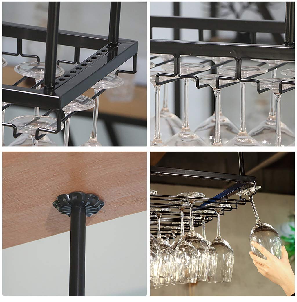 Industrial Ceiling Mounted Wine Glass Holder - Adjustable Height Hanging Rack for Stemware (Black, 90×35cm) - Perfect for Home Bars, Restaurants & Kitchen Storage