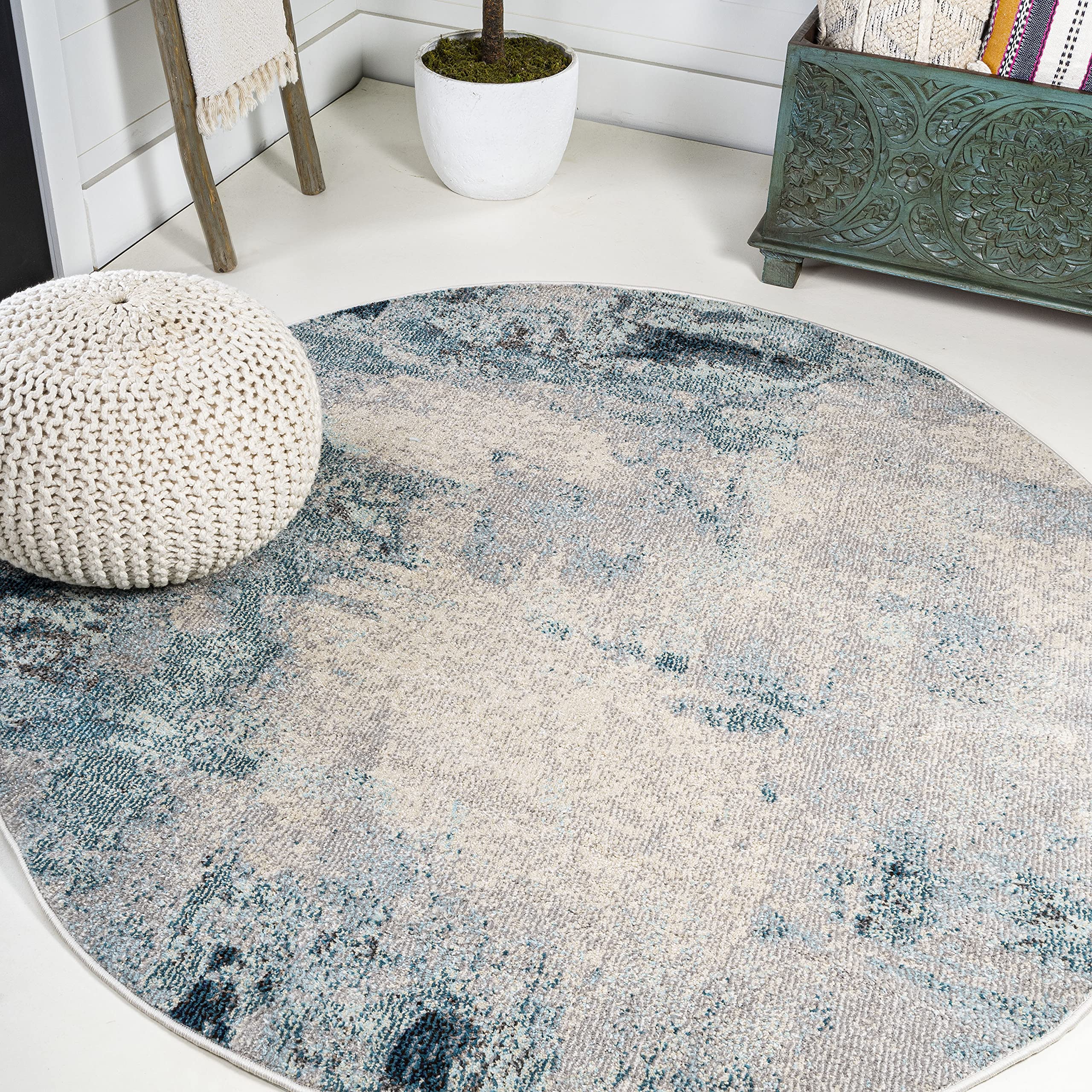JONATHAN Y CTP104A-4R Modern Abstract Vintage 4' Round Area Rug - Bohemian Transitional Non-Shedding Easy Clean - Cream/Blue - Perfect for Living Room, Bedroom, Office & Dining Room Decor