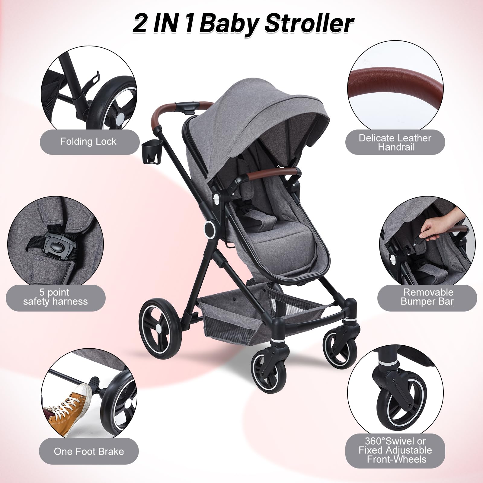2 in 1 Convertible Baby Stroller for Newborn to Toddler (0-3 Years) - Lightweight Travel Stroller with Removable Bassinet & Shock Absorption Wheels | Large Storage Basket & Cup Holder | Perfect for Shopping, Travel & Daily Walks