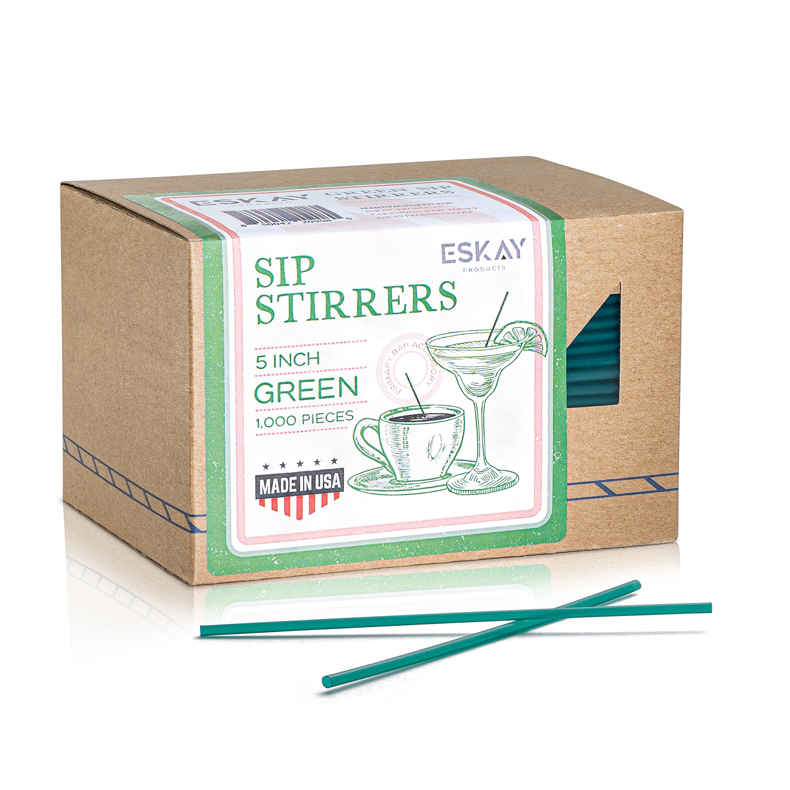1000 Green 5-Inch Plastic Coffee Stirrers - Eco-Friendly Cocktail Straws & Stir Sticks for Coffee Shops, Restaurants & Home Use - Made in USA (Perfect for Iced Coffee, Tea, Smoothies & Beverage Mixing)