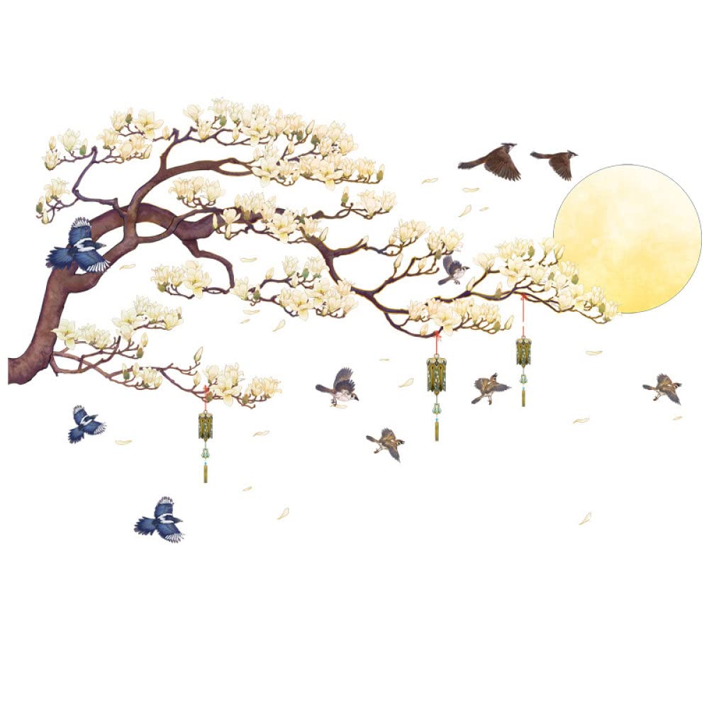 Retro Yellow Magnolia Flowers Wall Decals - Peel and Stick Removable Wall Stickers with Birds & Moon for Girls Bedroom Decor | DIY Wall Art, Home Mural & Background | Perfect for Nursery, Kids Room & Dorm Room