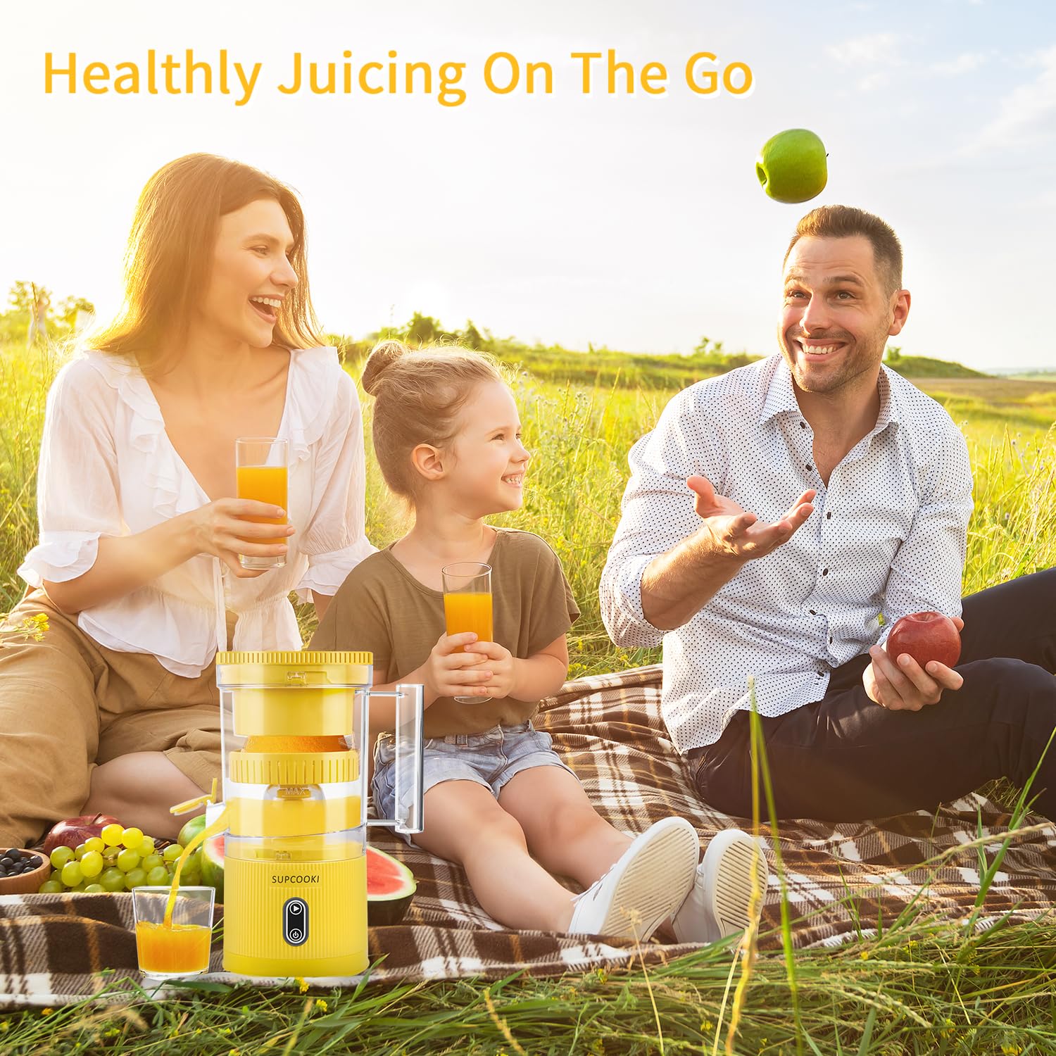 Electric Rechargeable Citrus Juicer - Automatic Orange Lemon Grapefruit Squeezer with USB Charging, Touch Button & Cleaning Brush | Portable Handheld Fruit Juicer for Kitchen, Camping, Travel | BPA-Free Easy to Clean Yellow Juicer for Fresh Juice at Home or On-The-Go