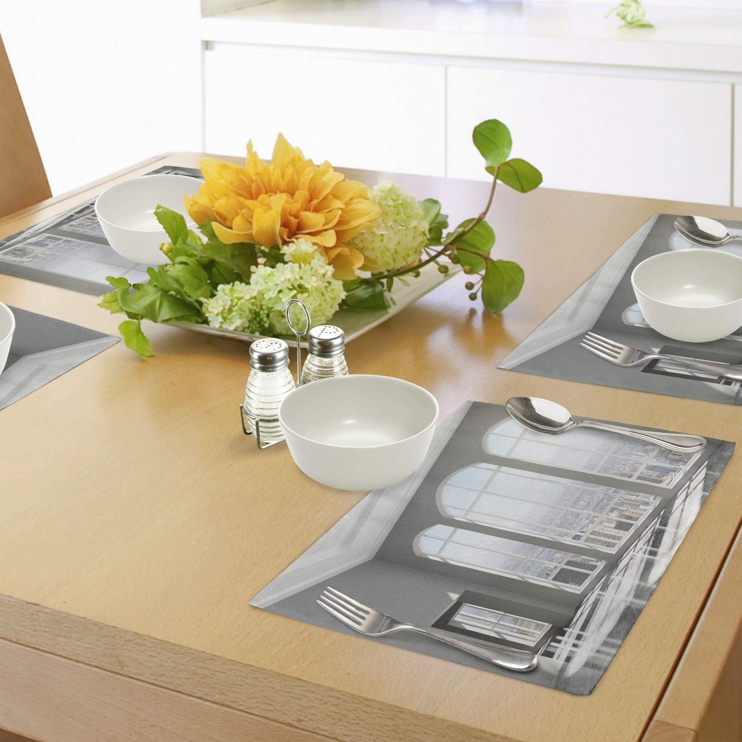 Ambesonne Modern Place Mats Set of 4 - Urban City Scenery with Country Home View Print, Washable Fabric Dining Table Mats for Kitchen & Dining Room Decor in White & Eggshell - Perfect for Dinner Parties, Family Gatherings & Home Styling