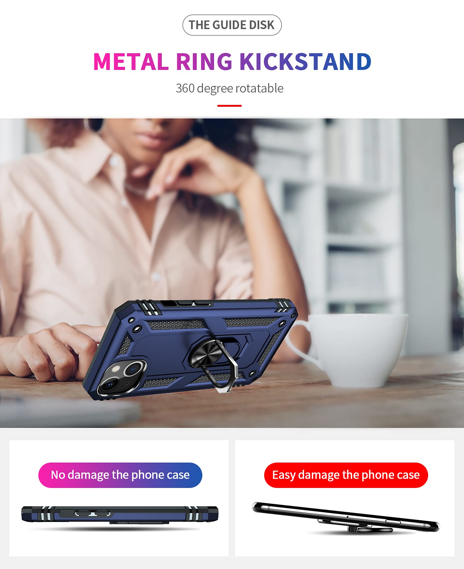 360° Rotatable Kickstand Ring Military Grade Shockproof Case for iPhone 13 (6.1 Inch) - Blue | Protective Phone Cover with Stand for Watching Videos, Gaming & Hands-Free Calling