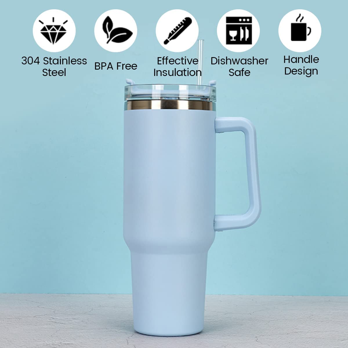 Miuline 40oz Stainless Steel Travel Tumbler with Straw Lid & Handle - Double Wall Vacuum Insulated Coffee Mug for Hot & Cold Drinks - BPA Free - Perfect for Work, Gym, Hiking & Outdoor Activities (Blue)