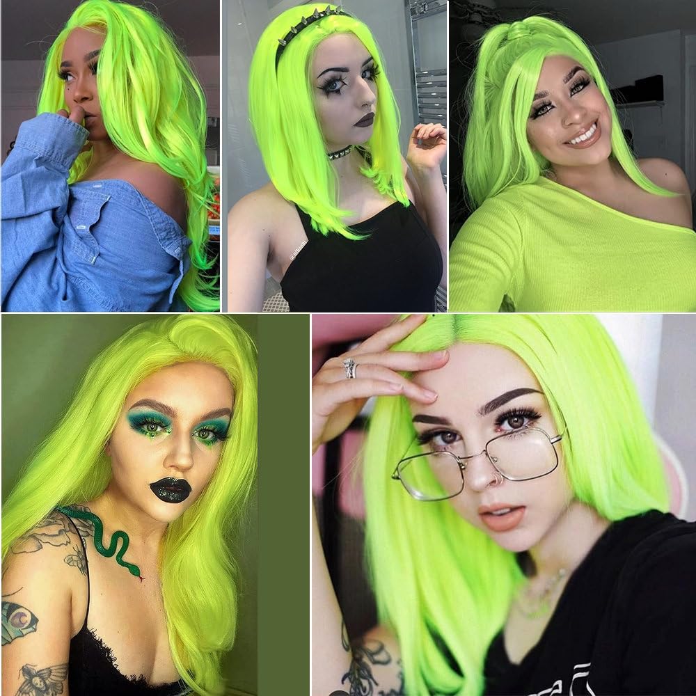 YNZT Long Wave Synthetic Lace Front Wig for Women - Fluorescent Green Cosplay Wig for Daily Use, Parties & Halloween Costumes | Heat Resistant & Natural Hairline