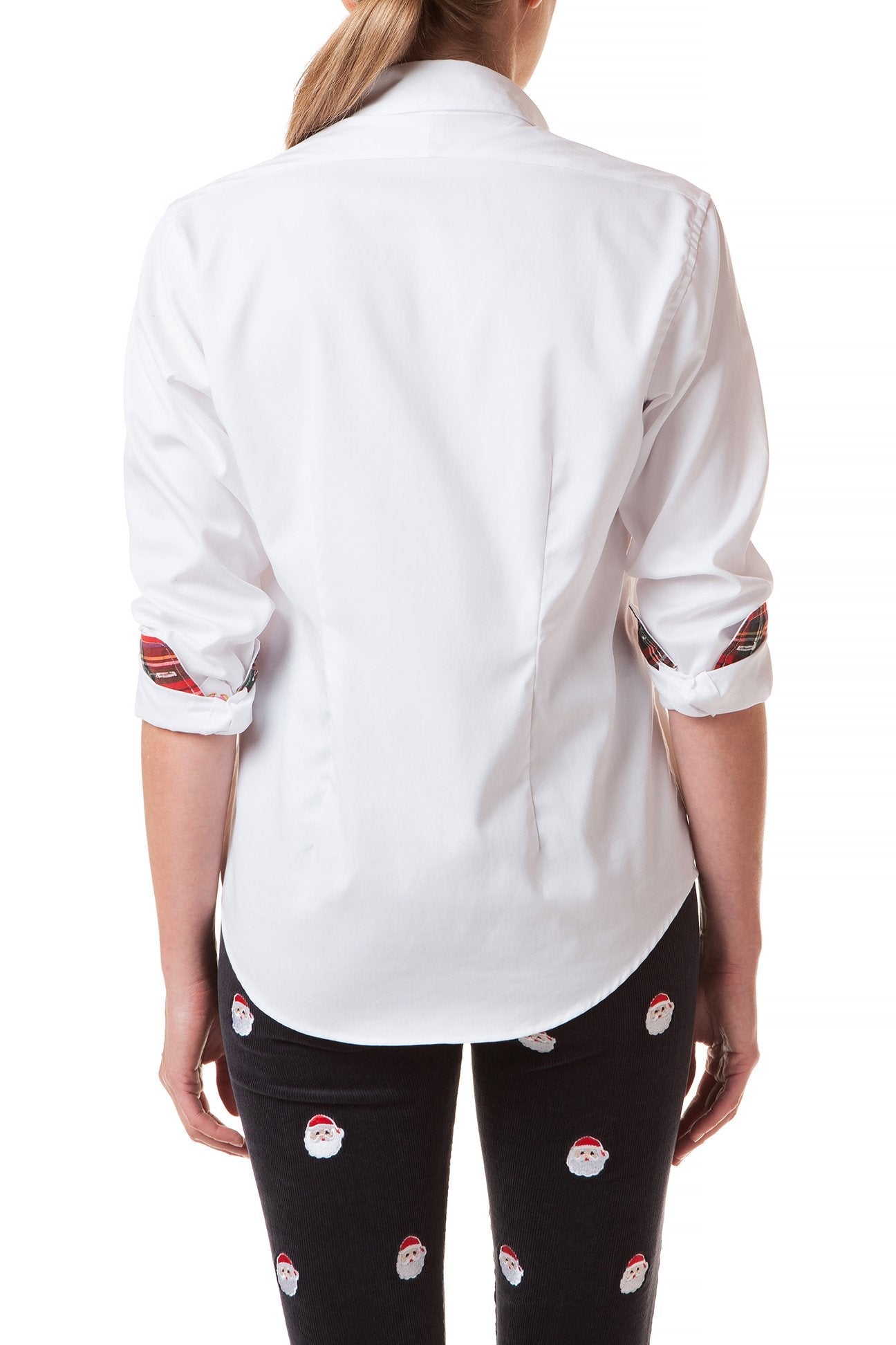 Women's White Oxford Button Down Shirt with Royal Stewart Plaid - Perfect for Office Wear, Casual Outfits & Business Attire