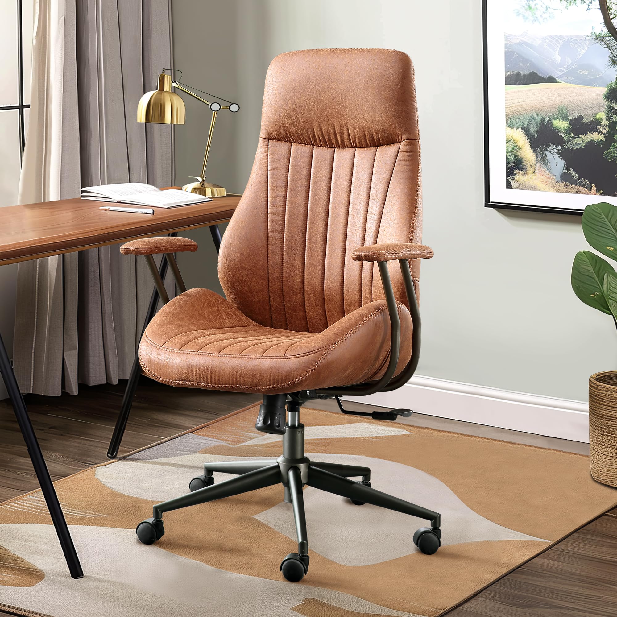 Mid Century Modern Office Chair - High Back Ergonomic Executive Chair with Lumbar Support, Swivel Computer Desk Task Chair with Wheels, Faux Leather Suede Fabric Home Office Chair (Brown) - Perfect for Home Office, Gaming & Workspace Comfort