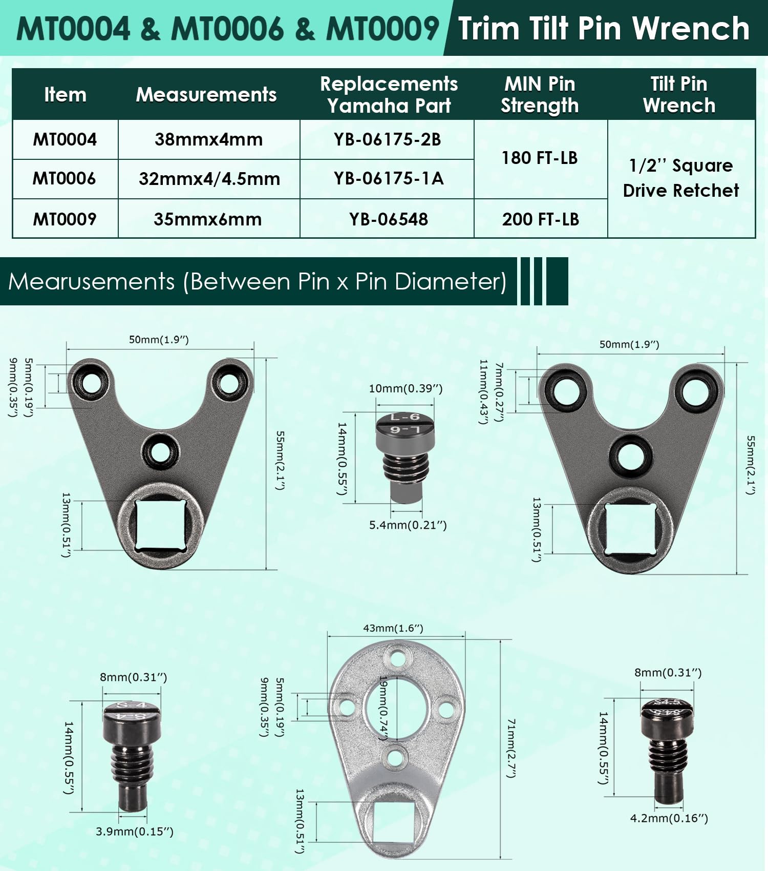 Trim Tilt Pin Wrench Set (MT0004, MT0006, MT0009) - Remove Hydraulic Cylinder Caps for Yamaha, Suzuki, Johnson, Evinrude & Honda Outboard Motors - Perfect for Marine Engine Maintenance & Boat Repair