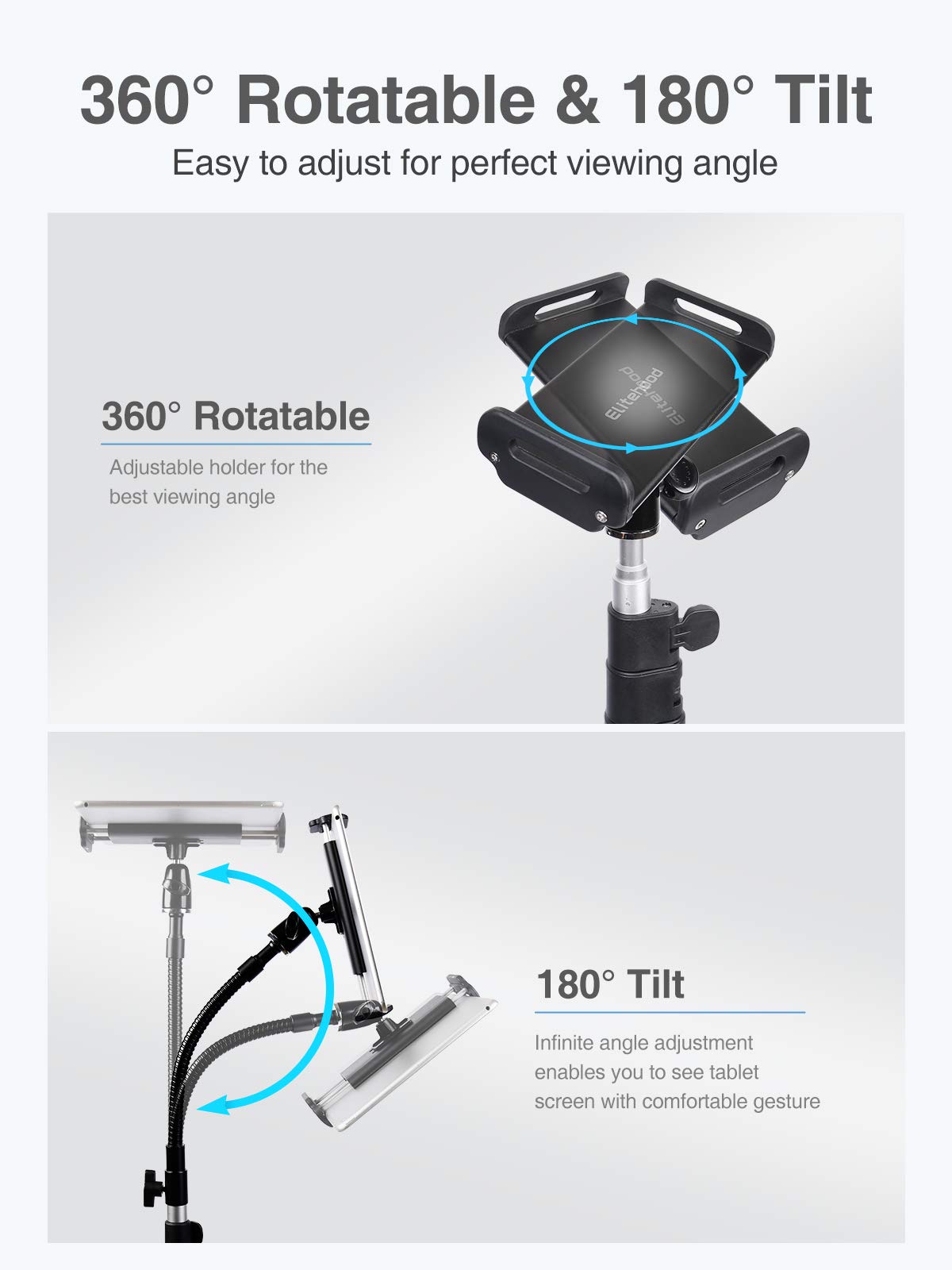 Elitehood Heavy Duty Aluminum iPad Tripod Stand - Adjustable 72
