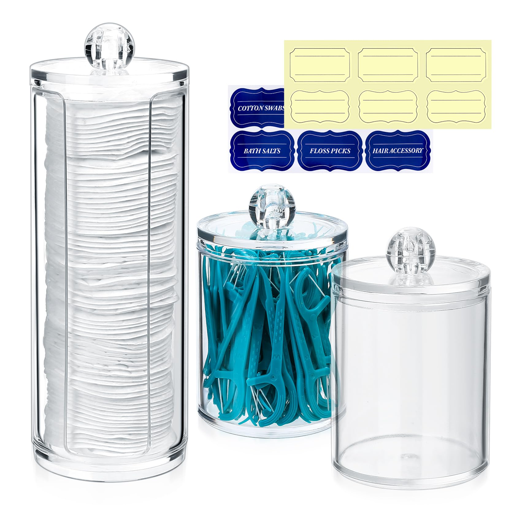Gaomoeny 3-Piece Clear Acrylic Cotton Pad & Q-Tip Organizer Set with Lids - Bathroom Makeup Storage Containers for Cotton Swabs, Cosmetic Jars & Beauty Accessories - Perfect for Vanity, Dresser & Bathroom Counter Organization