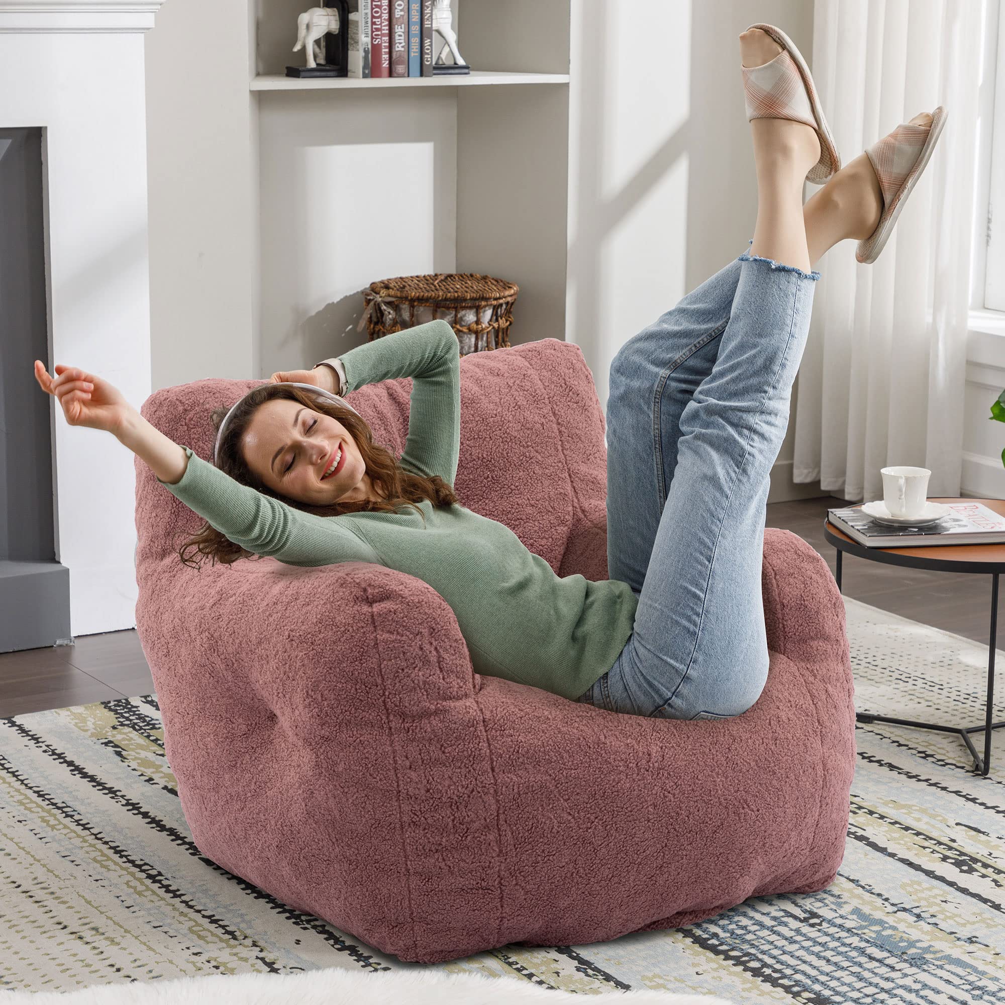 Recaceik Tufted Soft Fluffy Bean Bag Chair with Filler - Giant Imperial Lounger Lazy Sofa for Bedroom & Living Room - Large Rufous Color - Perfect for Relaxing, Gaming, and Movie Nights
