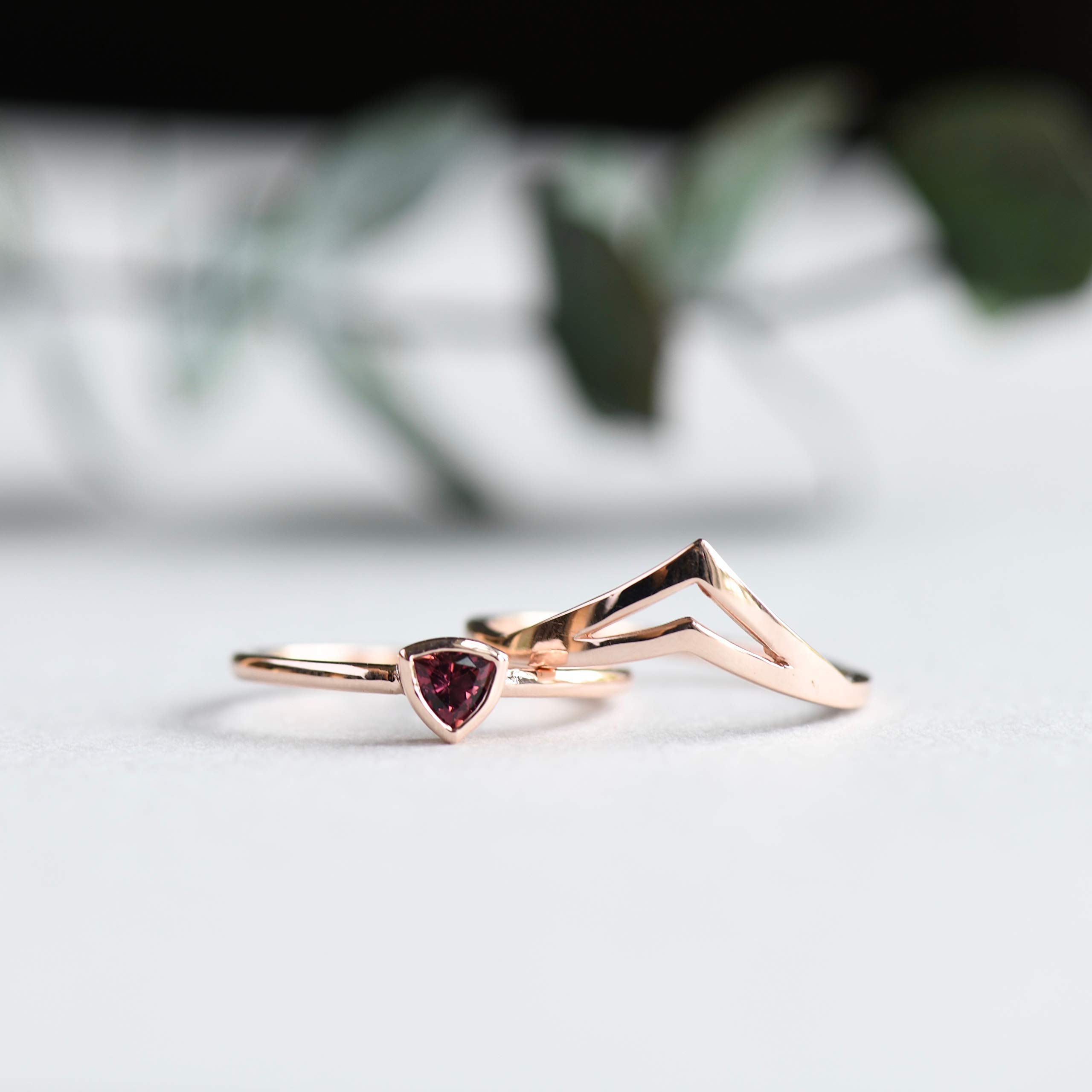 14K Solid Rose Gold Pink Tourmaline Ring Set - October Birthstone Trillion Cut Engagement Ring for Women (Perfect for Anniversaries, Proposals & Special Occasions)
