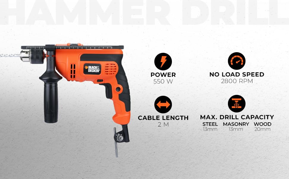 Black & Decker KR554RE 550-Watt 13mm Variable Speed Reversible Hammer Drill - Powerful Corded Electric Drill for Wood, Metal & Masonry - Perfect for DIY Projects, Home Repairs & Construction Work