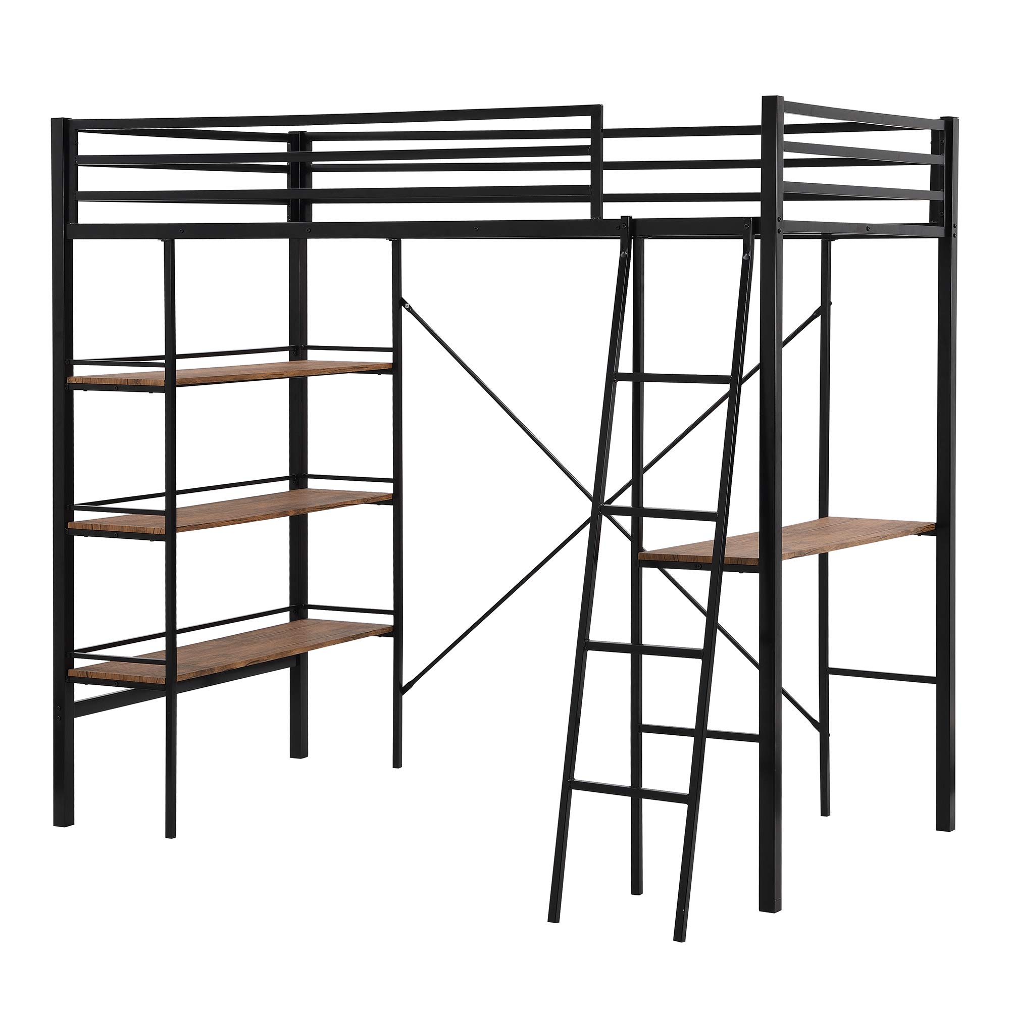 Metal Twin Loft Bed with Storage Shelf & Desk - Full-Length Guardrail, Space-Saving Design - No Box Spring Needed - Perfect for Kids Rooms, Dorms & Small Apartments