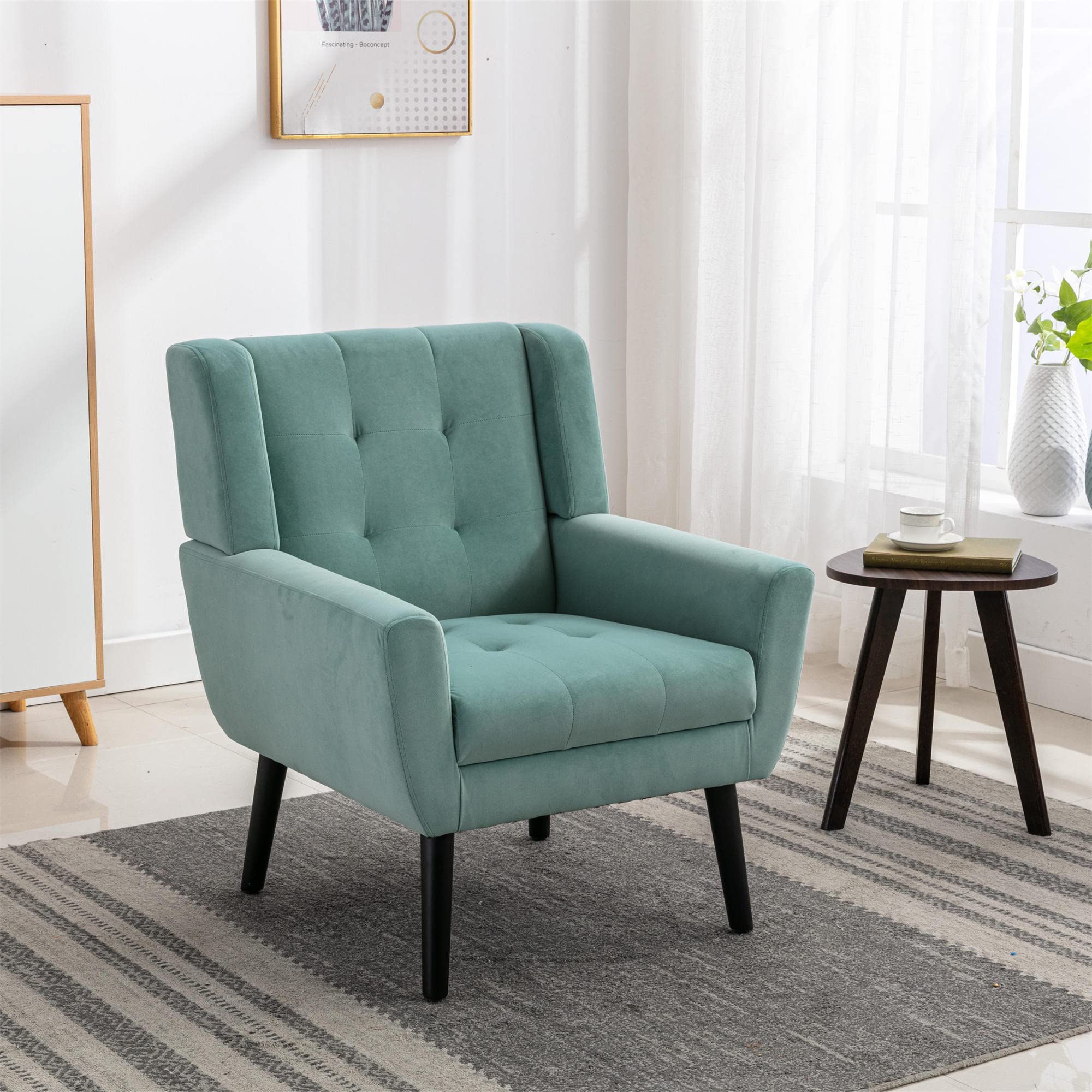 Modern Accent Chair with Button Tufted Design - Upholstered Linen Fabric Armchair with Black Legs - Ergonomic Living Room & Bedroom Chair in Mint Green - Perfect for Small Spaces, Reading Nooks & Cozy Corners