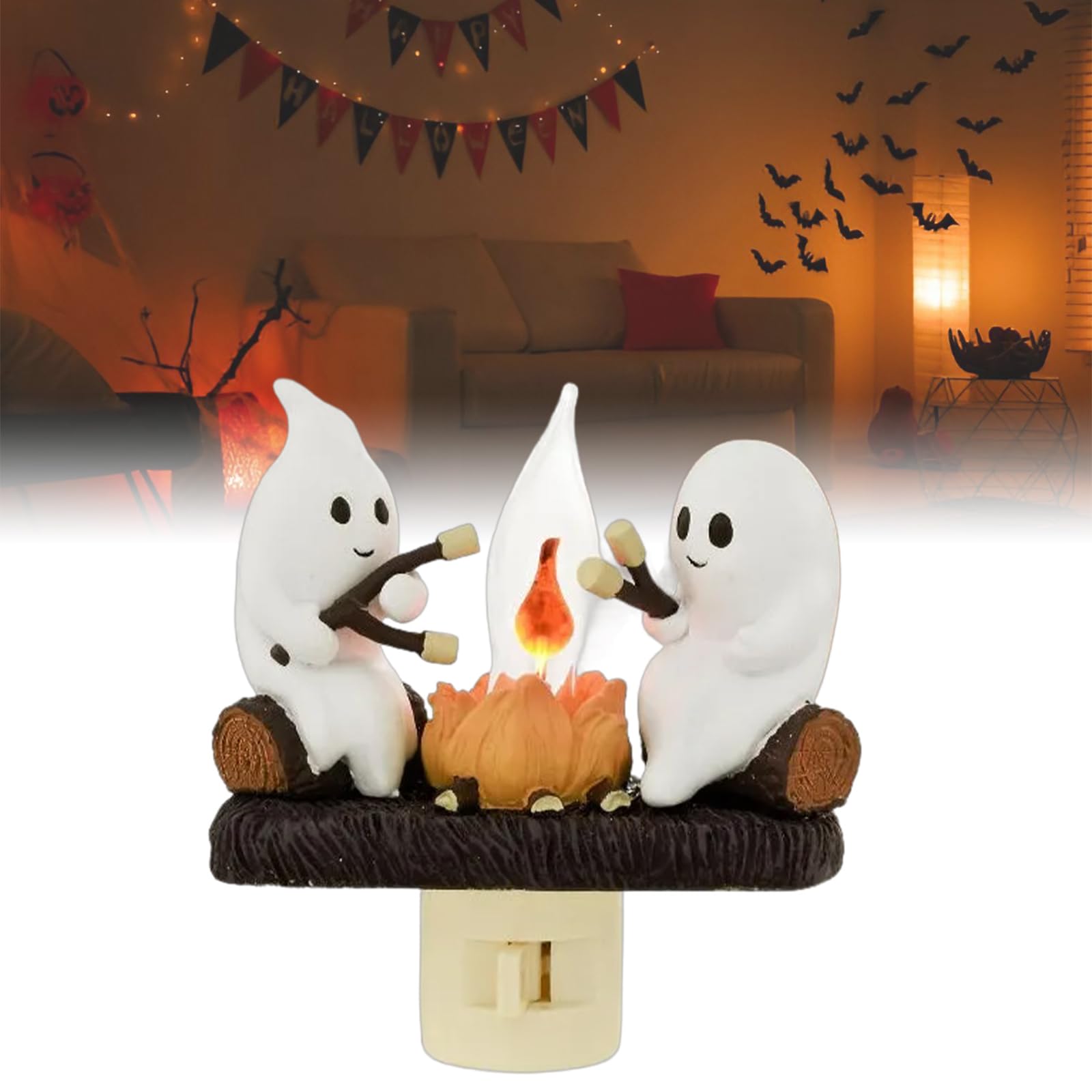 Ghost Campfire Flickering LED Night Light - Halloween Decor for Home, Bedroom, Kids Room - Cute Plug-in Ghost Lamp for Spooky Atmosphere & Cozy Ambience | Perfect for Halloween Parties, Nighttime Reading & Nursery Decor