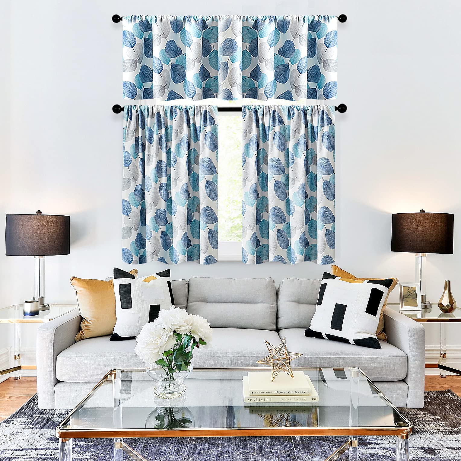 MRTREES Blackout Kitchen Curtains - Leaf Print Cafe Curtains for Small Windows, 34x24 Inch Rod Pocket Window Tiers (Set of 2 Panels, Blue) - Perfect for Bedrooms, Bathrooms & Kitchen Privacy