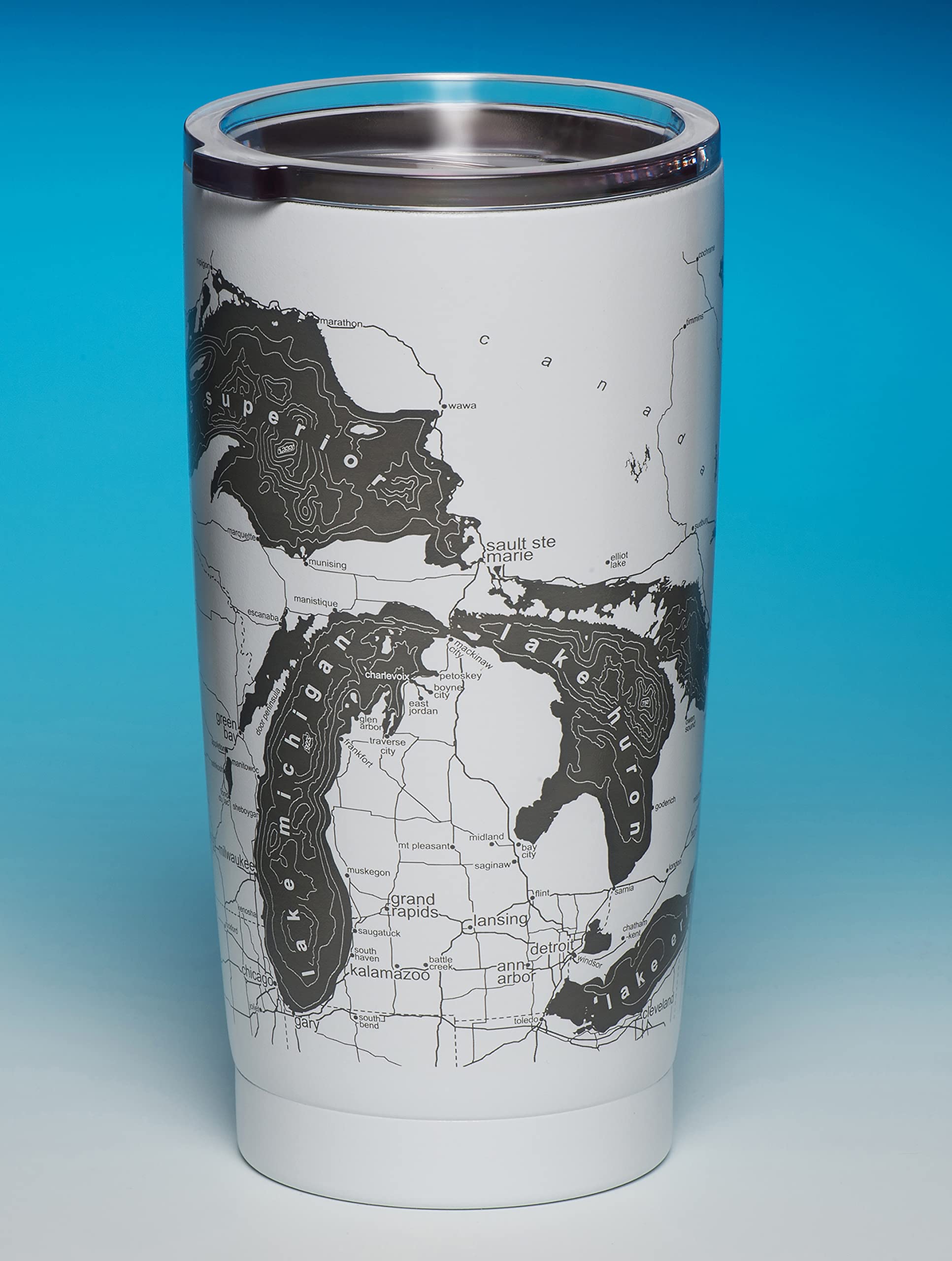 20 Oz. Stainless Steel Vacuum Insulated Tumbler with Great Lakes Map Design - White & Grey | Keeps Drinks Hot/Cold for Hours | Perfect for Camping, Hiking, Office & Travel