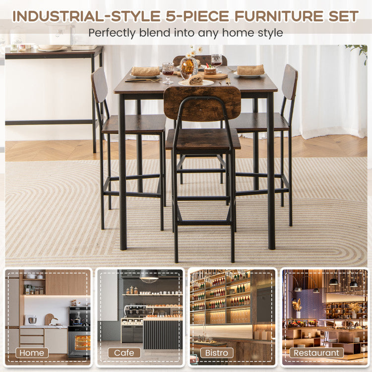 Costway 5-Piece Industrial Counter Height Dining Table Set with 4 Bar Stools - Modern Kitchen & Breakfast Nook Furniture for Small Spaces, Bars & Apartments