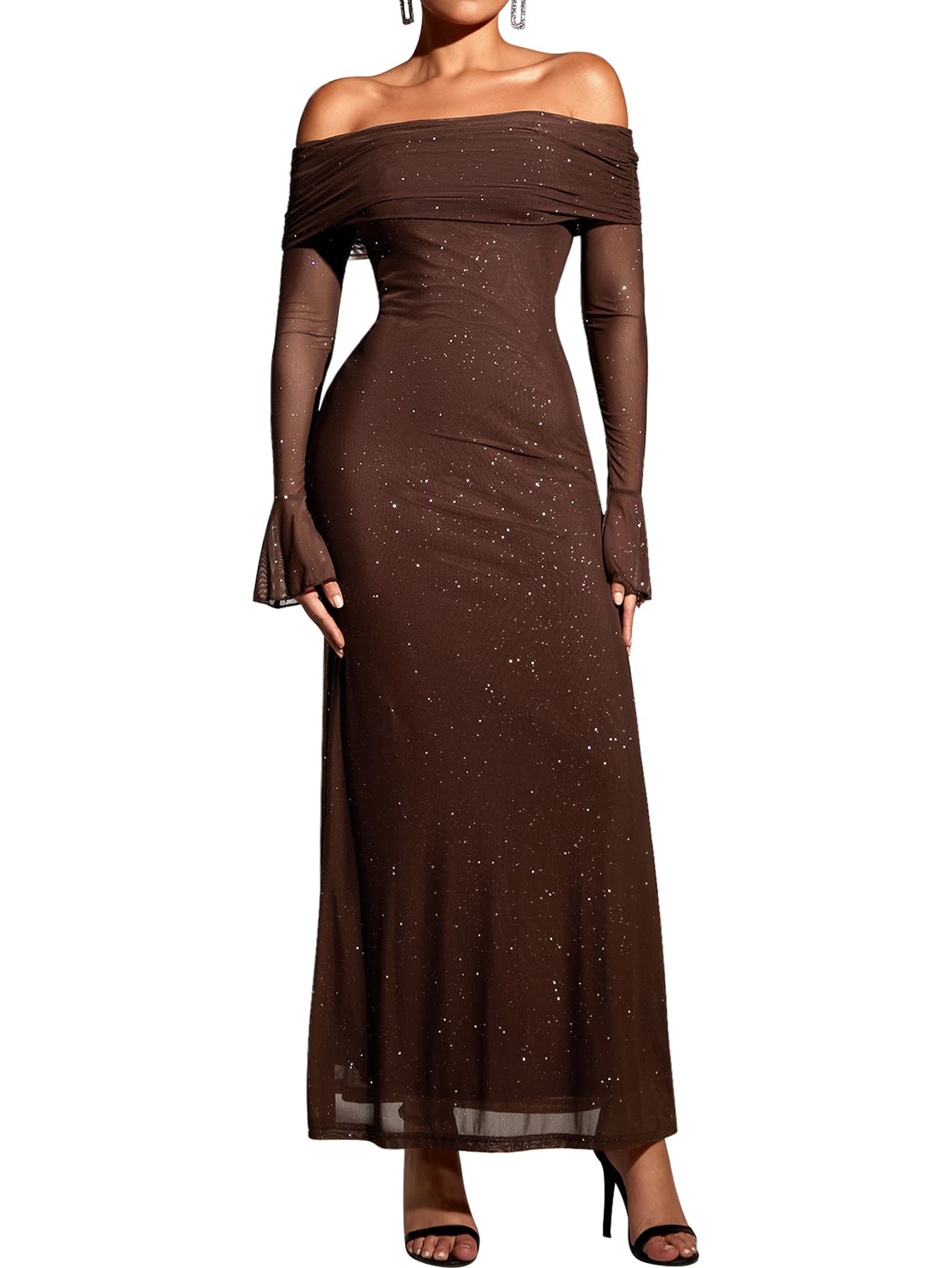 KUTUMAI Women's Off Shoulder Bodycon Maxi Dress - Long Sleeve Mesh Ruched Party Gown for Wedding Guest, Evening Events & Special Occasions