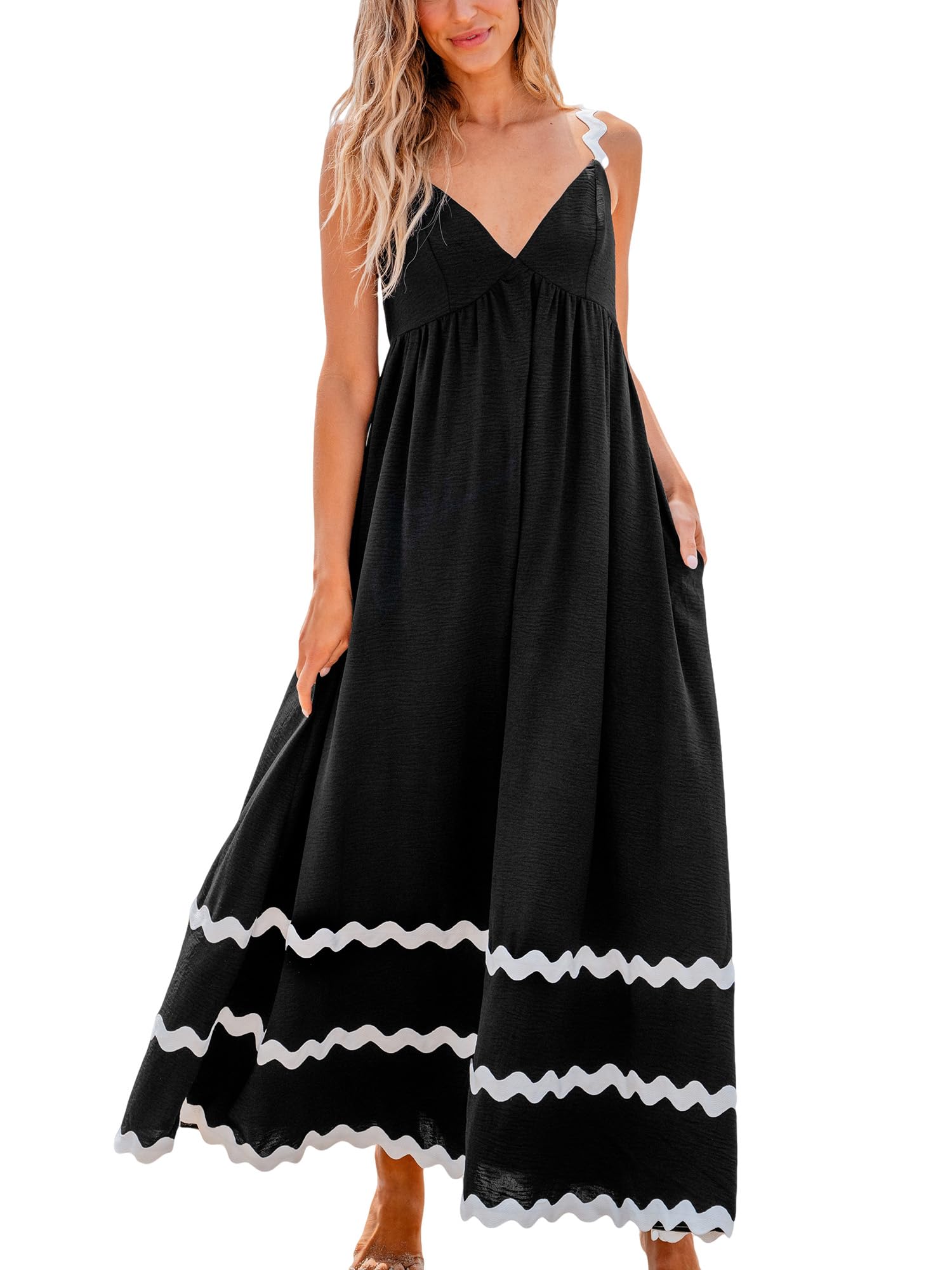 CUPSHE Women's Maxi Dress - V Neck Summer Sundress, Sleeveless Flowy Long Dress with Pockets | Beach Cover Up, Wedding Guest Dress, Casual Party Outfit