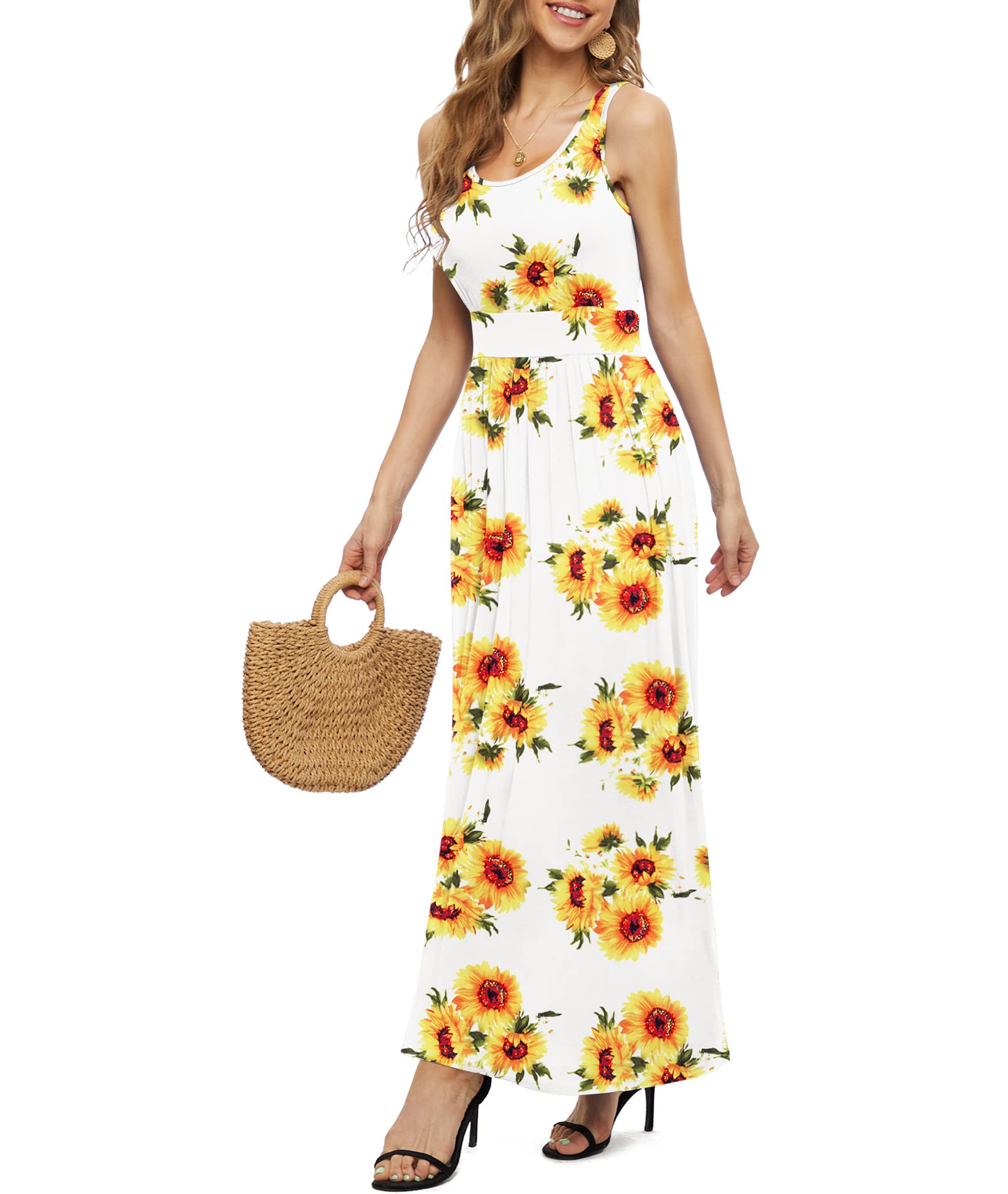 LILBETTER Women's Sleeveless Maxi Dress with Pockets - Empire Waist Flowy Long Summer Dress for Beach, Vacation & Casual Wear