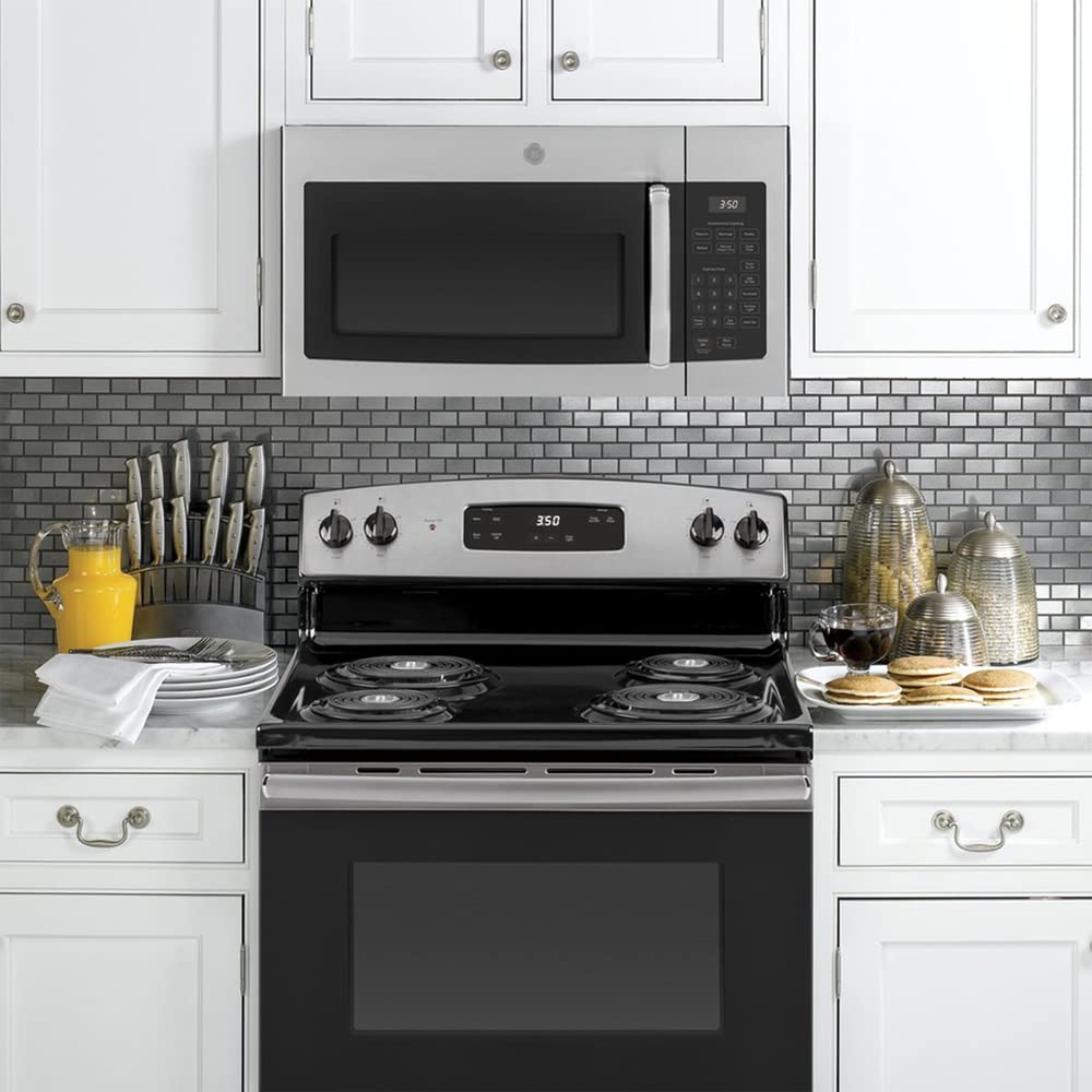 GE JVM3160RFSS 1.6 Cu. Ft. Stainless Steel Over-the-Range Microwave Oven with 2-Year CPS Protection Pack - Perfect for Kitchen Remodeling & Small Space Cooking