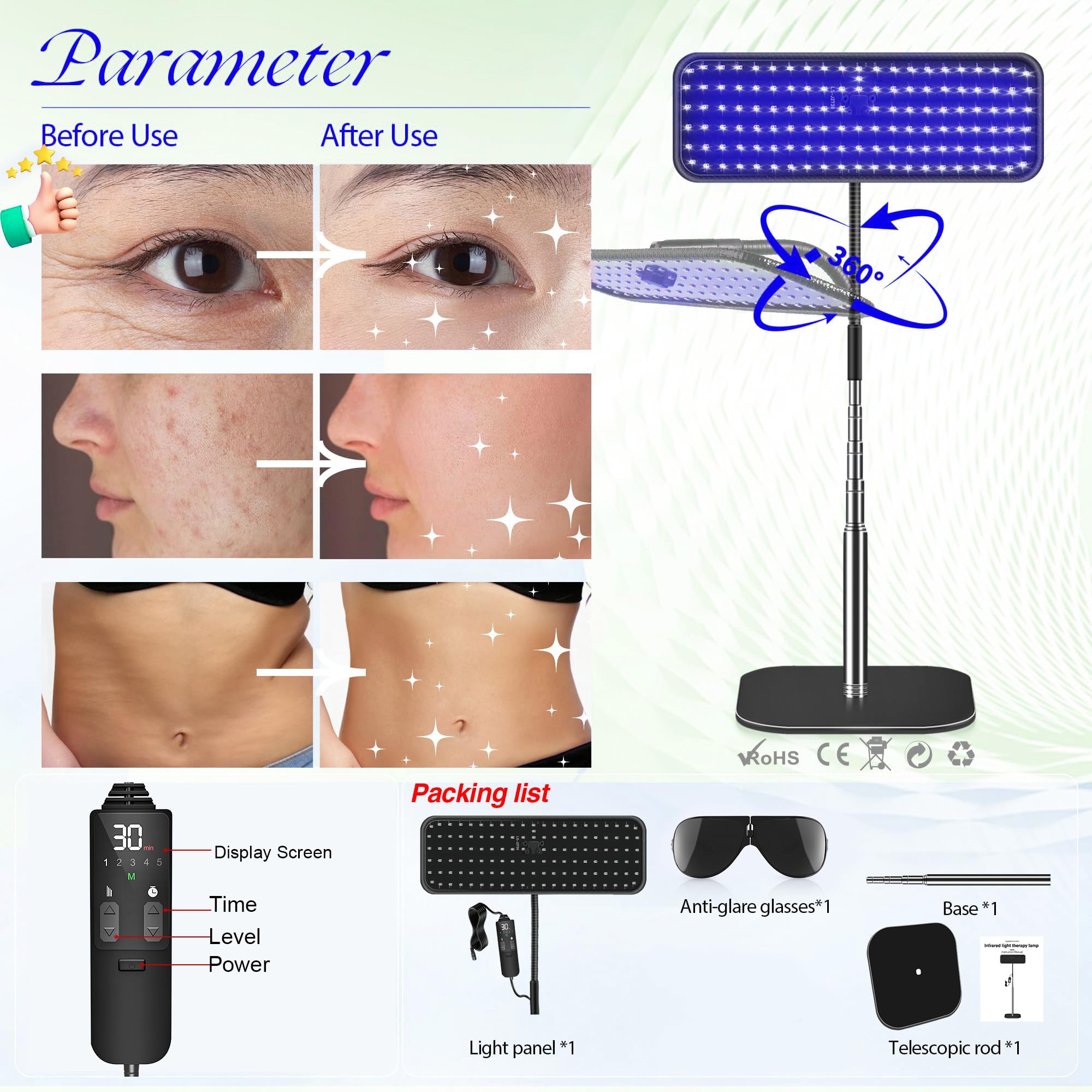 Jitesy 50W Tanning Lamp with Retractable Base - Portable 126 LED Solarium for Face & Body | 460NM+490NM Blue Light Therapy Wavelength | Home Use & Salon Tanning | Perfect for Self-Care, Beauty Treatments & UV Therapy